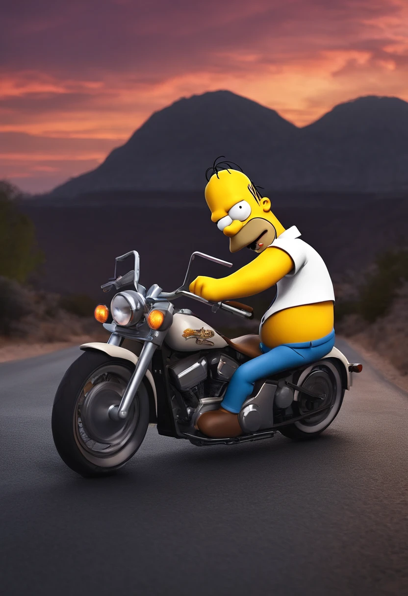 Homer Simpson rides a motorcycle，，Excellent lighting，Volume music，brush rendering，。.。.3D，Go beyond the details
