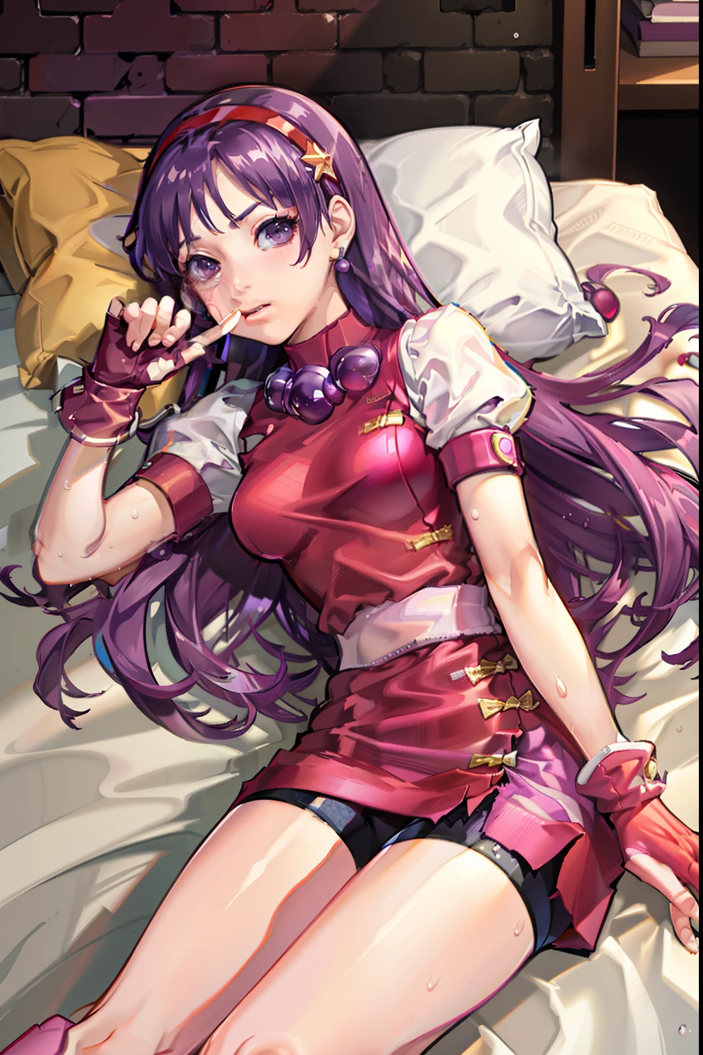 aa1, purple hair, long hair, hairband, long hair, necklace, bike shorts, earrings, red dress, medium breasts, puffy short sleeves, white sleeves, wristband, fingerless gloves, sweat,embarrassed, lying in defeat,KNOCK OUT,small breasts,facial, bukkake,torn clothes