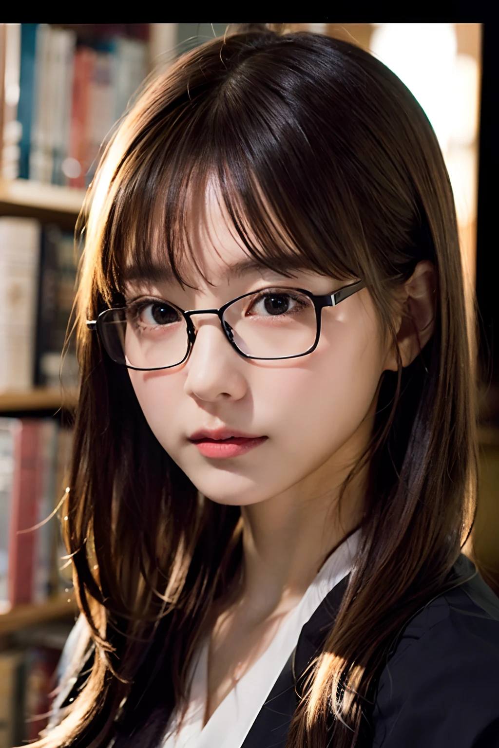 (8K、Raw photography、top-quality、masterpiece:1.2)、(realisitic、Photorealsitic:1.37)、ultra-detailliert、超A high resolution、 1 人、29yo、see the beholder、beautifull detailed face、Smile、Constriction、(Slim waist) :1.3)、Blazer、Beautiful detailed skin、Skin Texture、Floating hair、Hair bunched into one、large breasts with good shape、Professional Lighting、Autumn twilight、book library、(((Black square glasses )))、Whole human body、Black hair、((Shameful appearance))、Accept books、