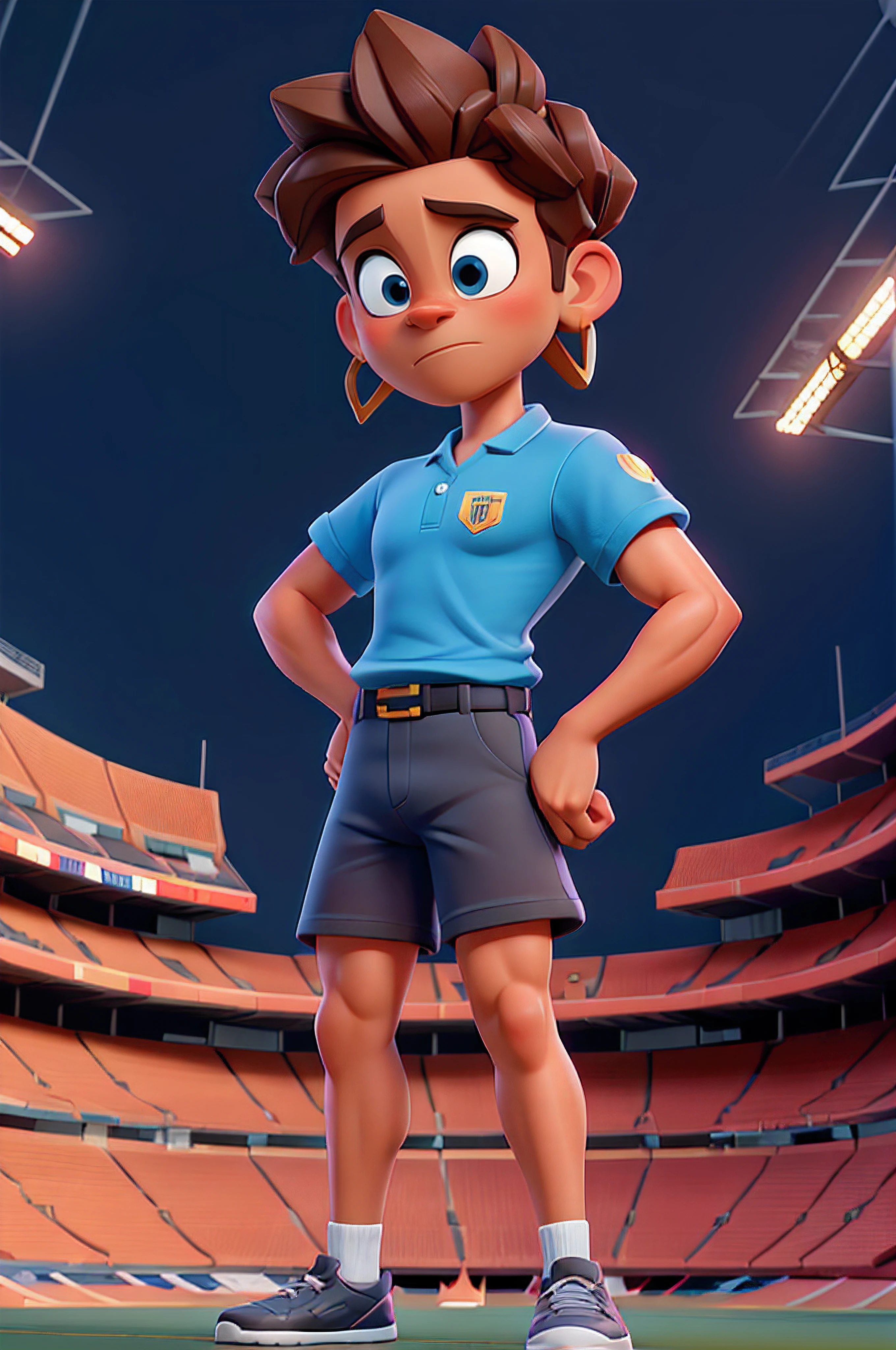 Por favor, Create a cartoon image of an ordinary person standing, on a precarious background in the style of a football field. A pessoa deve estar usando roupas simples e ter uma postura casual. O fundo deve representar um campo de futebol de forma simples e rudimentar.