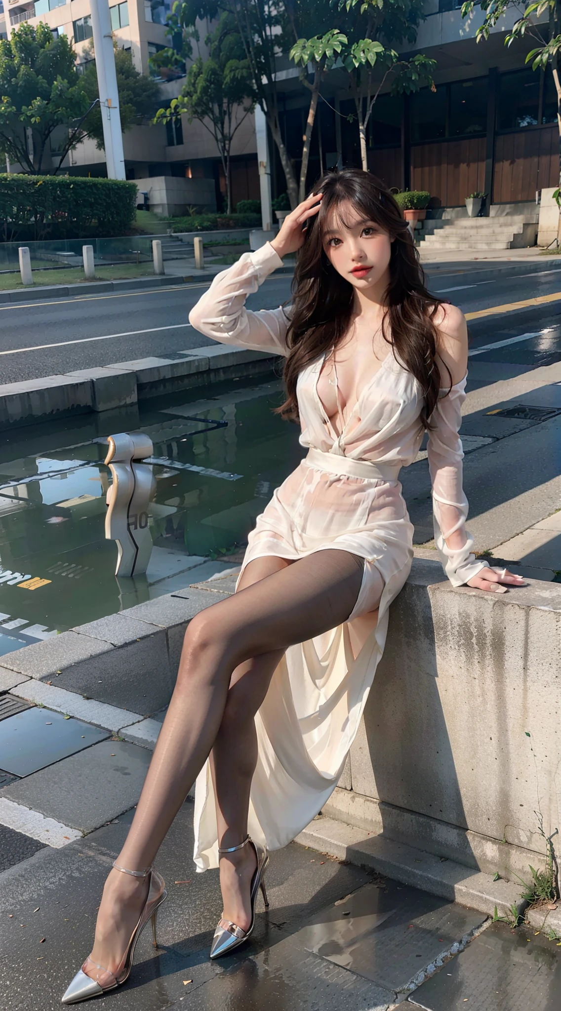 Heavy makeup,Stiletto pointed toe heels,Transparent colorless flesh silk pantyhose,8K,Outdoors,By bangs,waved hair,leisure wear