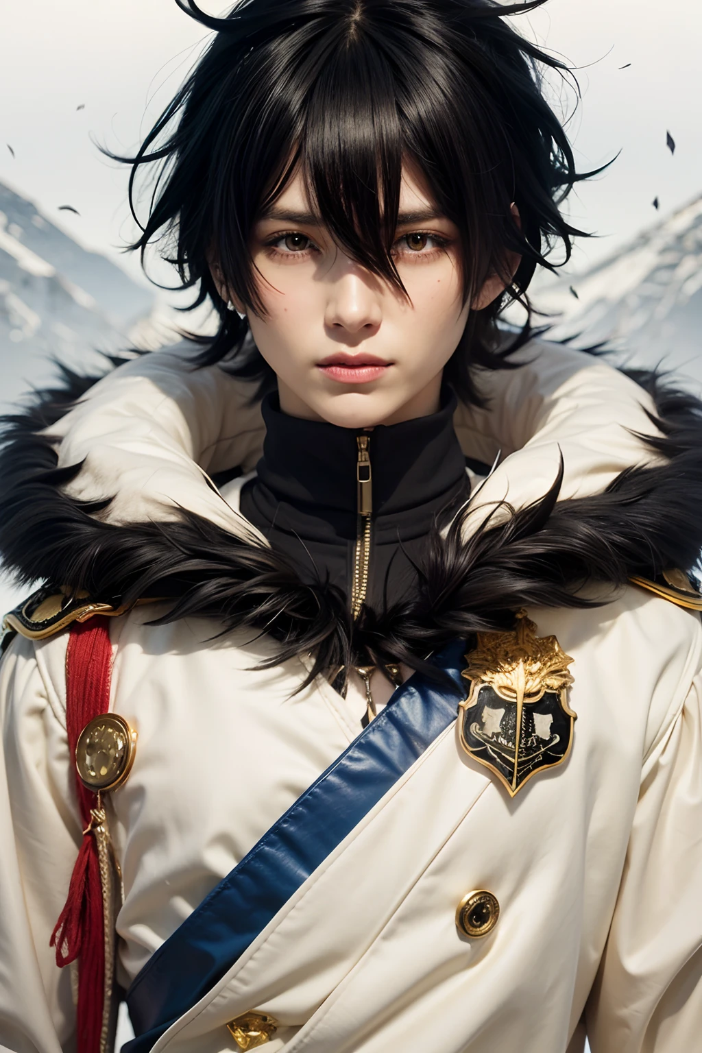 black hair, yellow eyes, hair between eyes, fur trim