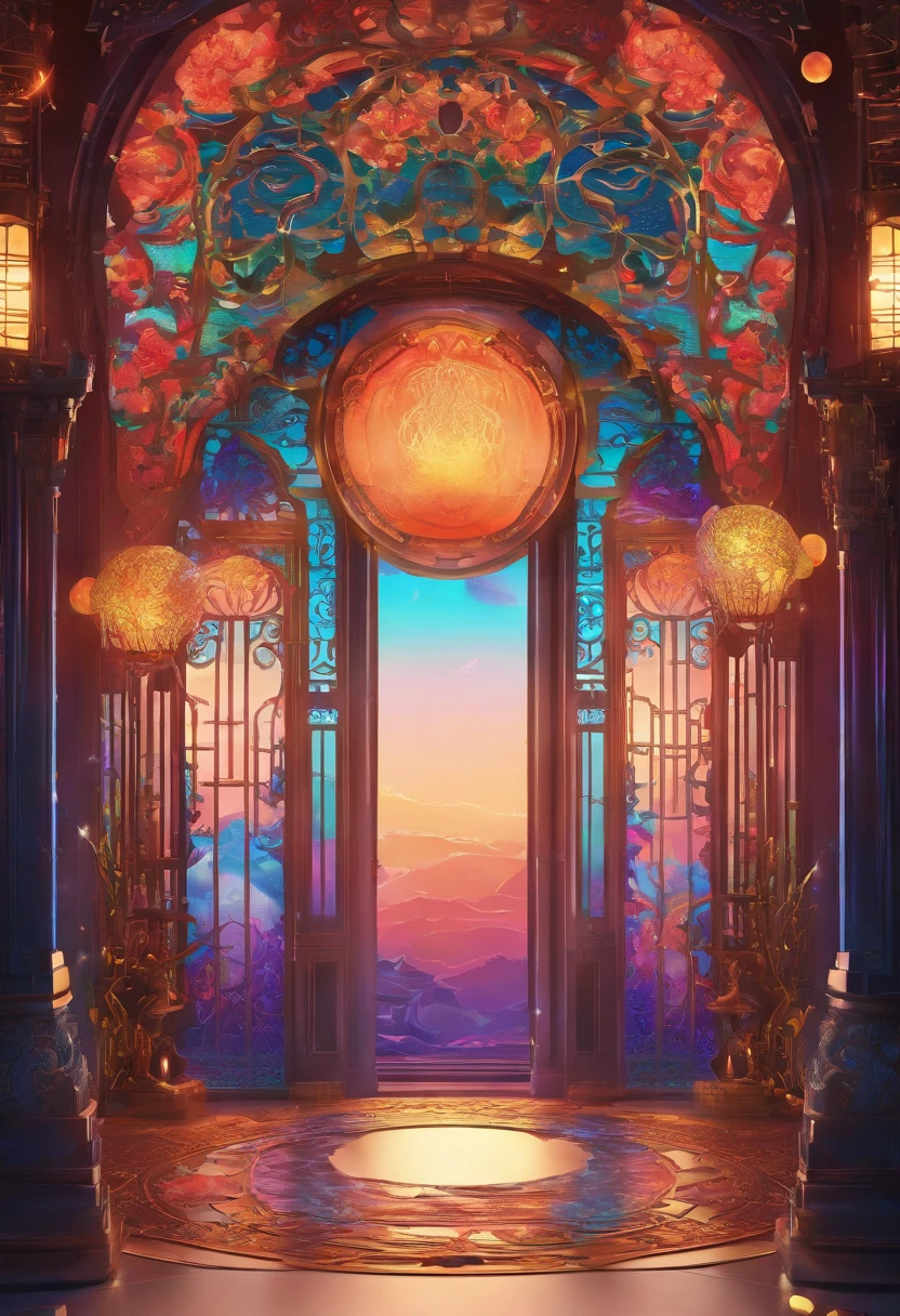 Virtual scene design,National,mid-autumn festival, Rainbow gradient galvanized glass fiber, Surreal visual representation, Magnificent architecture, Unique, Intricate, Exquisite details,(blender, oc rendered, Natural light, Ray tracing, 8K)
