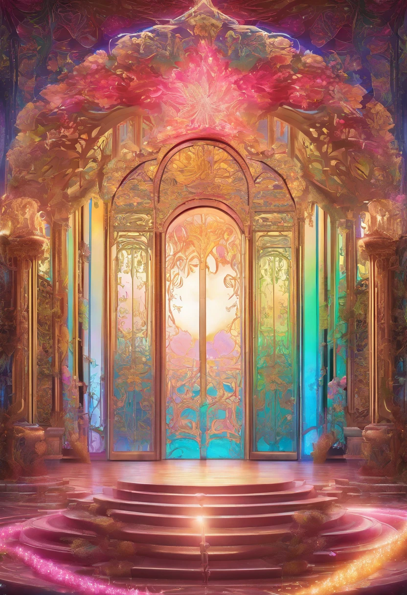 Virtual scene design,National，mid-autumn festival, Rainbow gradient galvanized glass fiber, Surreal visual representation, Magnificent architecture, Unique, Intricate, Exquisite details,（blender, oc rendered, Natural light, Ray tracing, 8K）