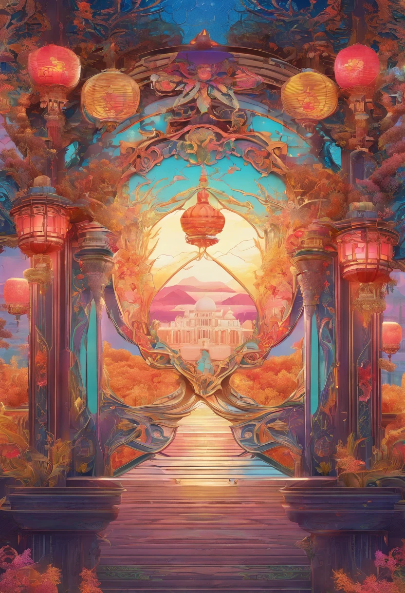 Virtual scene design,National,mid-autumn festival, Rainbow gradient galvanized glass fiber, Surreal visual representation, Magnificent architecture, Unique, Intricate, Exquisite details,(blender, oc rendered, Natural light, Ray tracing, 8K)