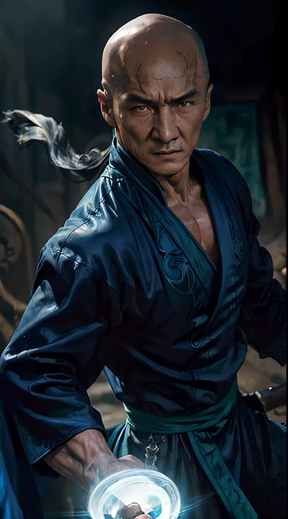 actor ((Jackie Chan)) as Shang Tsung, Mortal Kombat, ((old)), sinister-looking, ((bald spot)), ((goatee)), dark blue long robe, green transparent souls on background, intricate, high detail, sharp focus, dramatic, photorealistic painting art by greg rutkowski