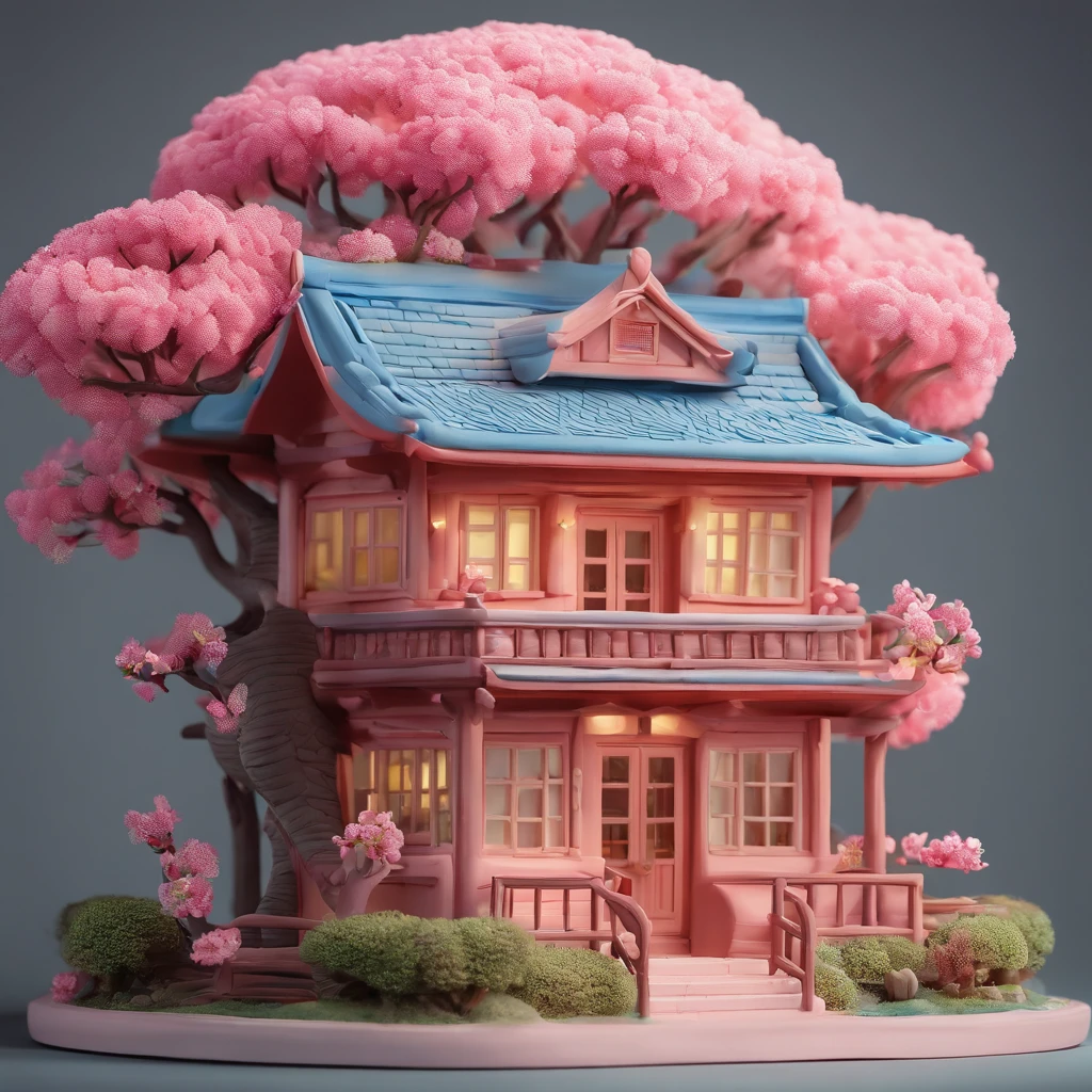 Sakura House Gloria Studio, The garden is full of cherry trees, Clay material, Cartoon design style, POP MART, Soft lighting, smooth lines, Tilt-shift lens, Detailed science fiction illustration, super realistic details, warm color