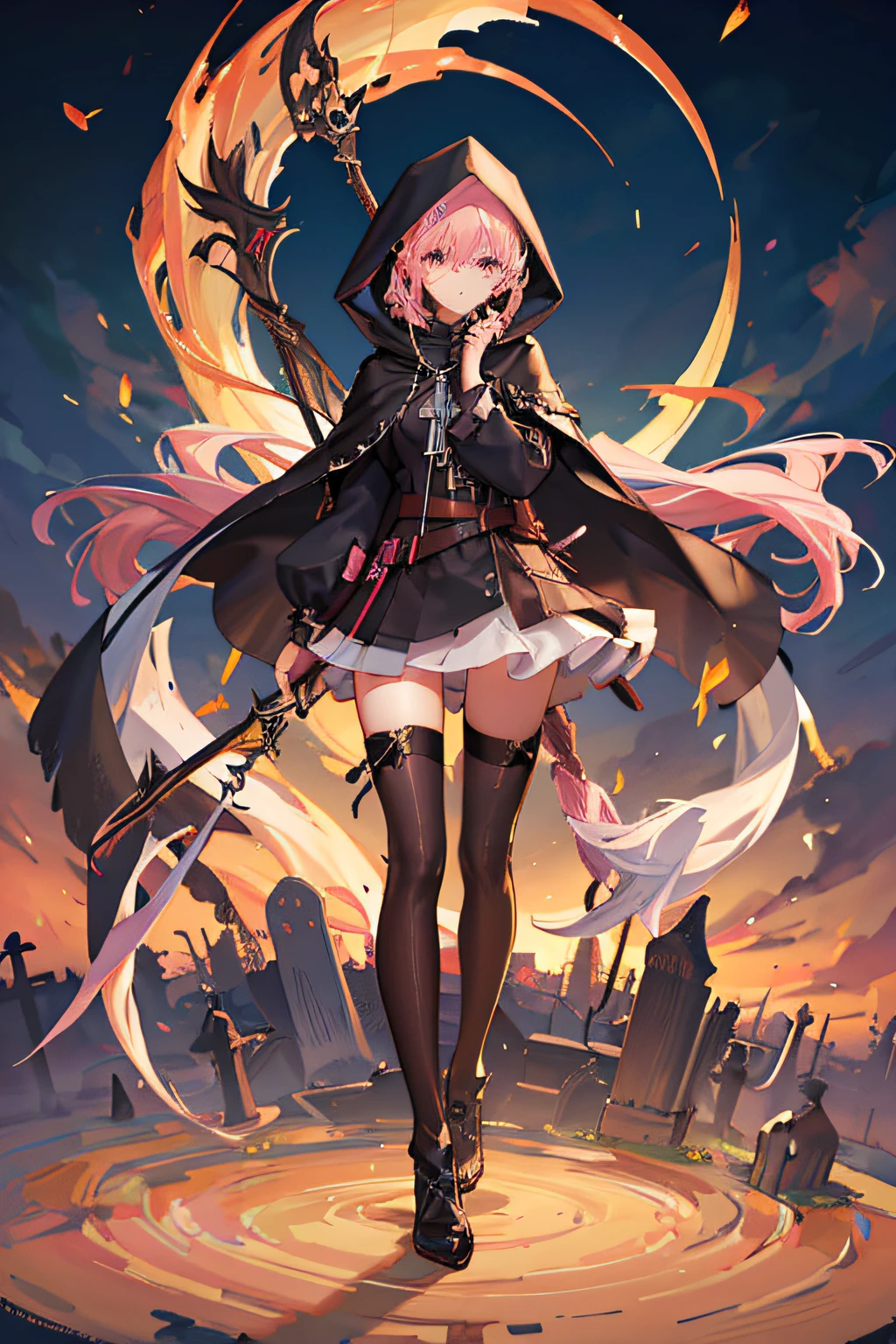 With a girl in a cute hood wrapped in thick fog、Female Grim Reaper Protecting Girl Behind,Wielding a scythe,Emerge from the swirling shadows.Stand in the Cemetery of Forgotten Souls.(Light brown and light pink striped hair:1.3,),Perfect face,Proper body proportion,masutepiece,Super high-quality output images,超A high resolution,Intricate details,Very delicate and beautiful hair,photographrealistic,Dreamy,Professional Lighting,realistic shadow,Solo Focus,Beautiful hands,Beautiful fingers,Detailed finger features,detailed clothes features,Detailed hair features,detailed facial features,