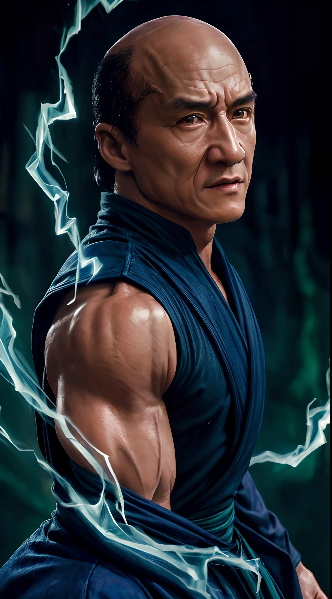 actor ((Jackie Chan)) as Shang Tsung, Mortal Kombat, ((old)), sinister-looking, ((bald spot)), ((goatee)), dark blue long robe, green transparent souls on background, intricate, high detail, sharp focus, dramatic, photorealistic painting art by greg rutkowski