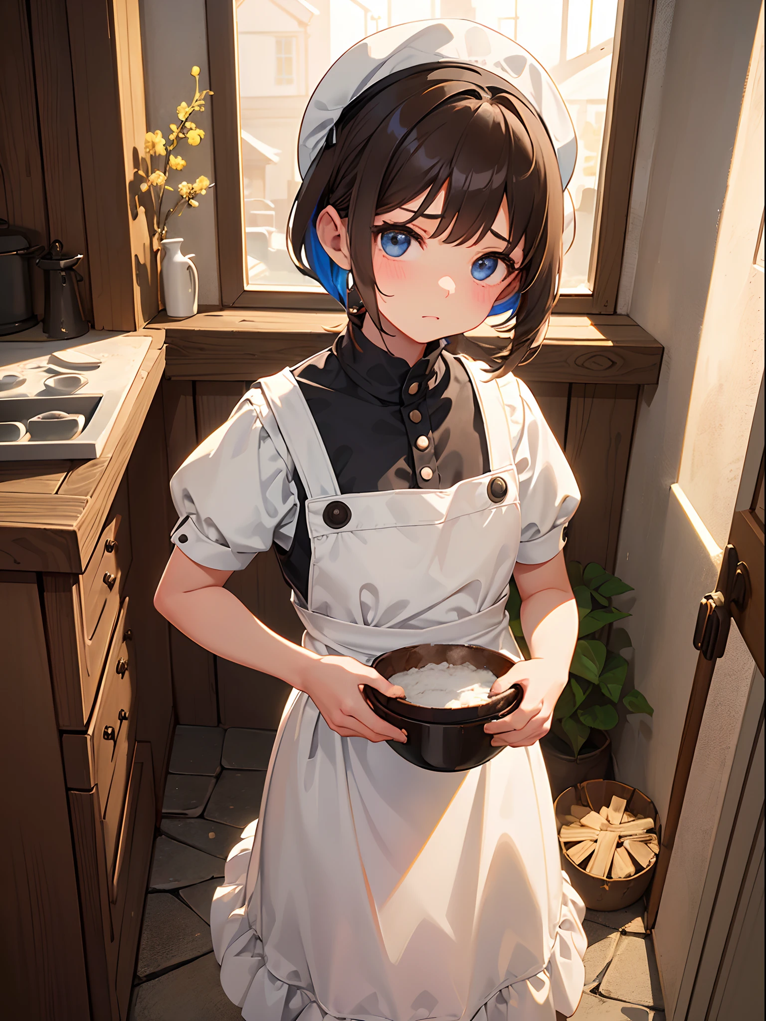 a little girl make bakery in kitchen with exiited expression, wearing apron, head wear, (flour in her face:1.2), brown hair, medium bob hair, short sleves, (bacground: medieval kitchen, clay stove, fire, firewood), (masterpiece:1.4), highly detailed, (vibrant:1.2), best quality