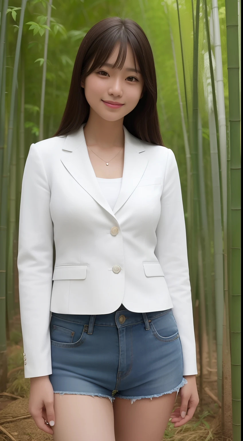 A smiling girl,While wearing a white Business suits,Super short blue denim shorts,Standing in a bamboo forest,com rosto detalhado,The eyes are delicate,The photo quality is the best,Realistic image quality,Background diffuse lighting,Depth of field display。