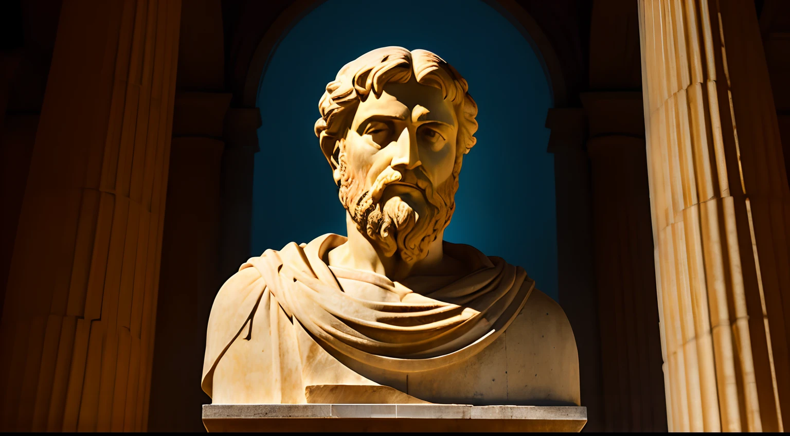 Create an inspiring 8K image depicting a 3rd century Greek philosopher.C., immortalized as a statue. Ambiente a cena em um ambiente sombrio e misterioso, with the figure of the philosopher blurred, but enigmatically illuminated by epic lights and shadows. The resulting image should exude the aura of deep contemplation and wisdom, olhando para frente,