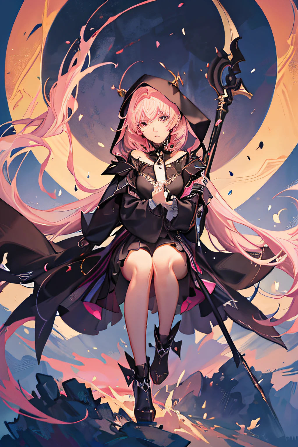 Best Quality, Masterpiece, High Resolution, 1girl, Pink Very Long Hair, Brown Wizard Hat, Dark Red Eyes, Pink Scarf, Black Chains, Medium Breasts, Dark Chamber of Secrets, Long Brown Wizard Robe, Holding Ebony Staff Set with Gems, Black Over-the-Knee Boots, Exposed Thighs