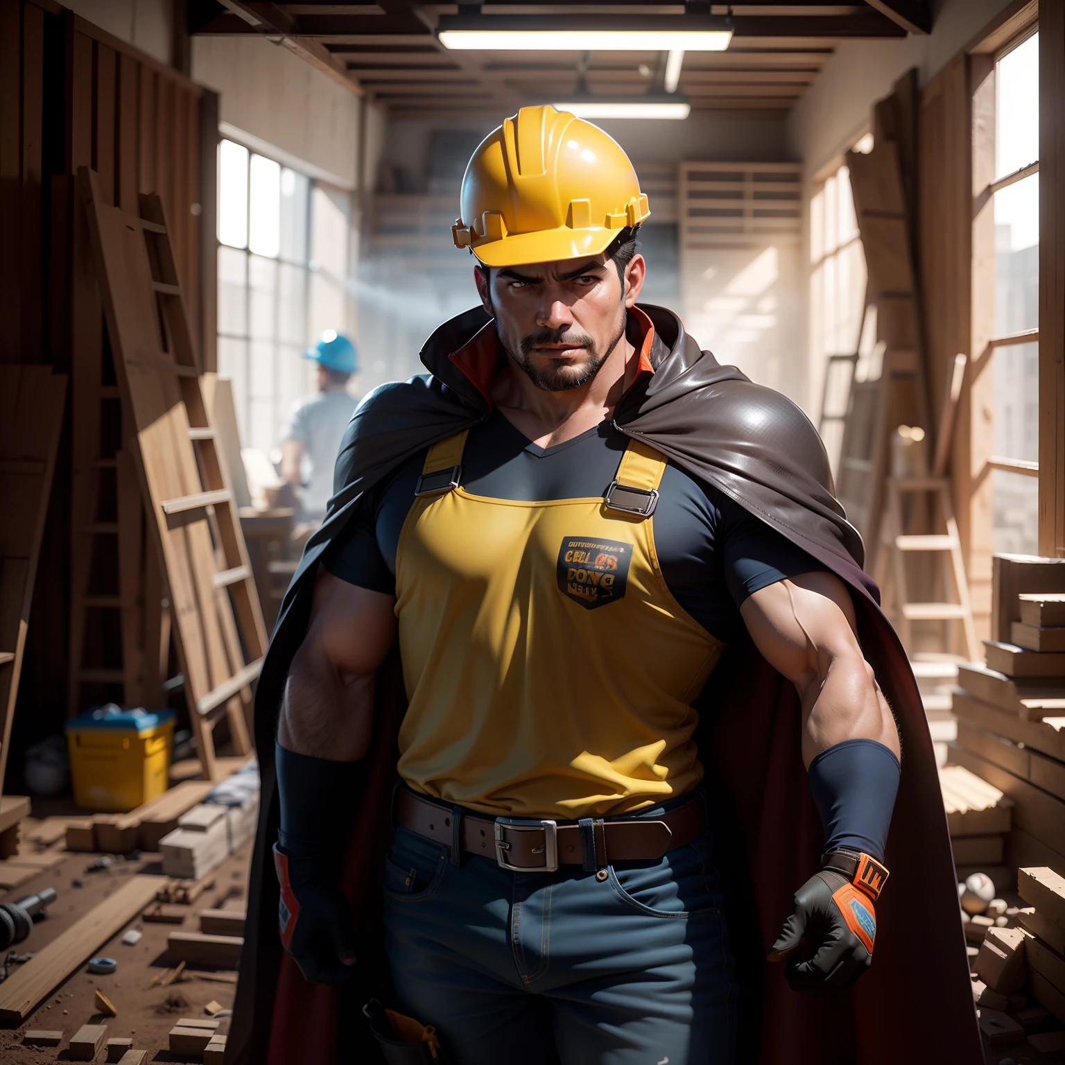 (La mejor calidad,ultra detallado),Pixar-style construction worker superhero,Tez robusta,barbado,Use capa protectora y casco, illustration,dibujos animados,Building materials,Construction tools,vivid colors,Studio lighting