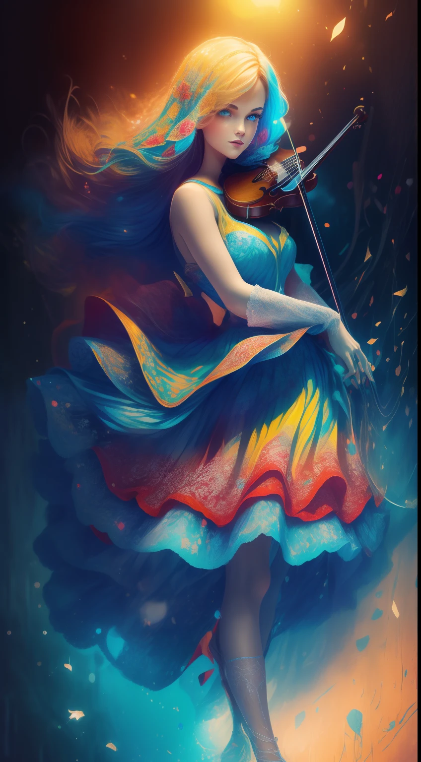 HDR ultra resolution 4k, 8k, 32k, 120k, beautiful fantasy art, con preciosos detalles intrincados, beautiful woman the most beautiful, Playing the violin, Colorful musical notes come out of the violin, notas musicales de colores al rededor, notas musicales en el aire, sonidos de colores en el Aire,  obra maestra ultra detallada muy colorida, Fantastic color palette,