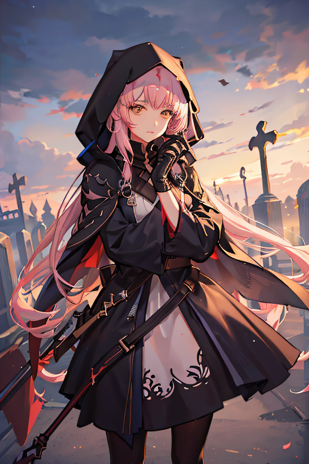 With a girl in a cute hood wrapped in thick fog、Female Grim Reaper Protecting a Girl from Behind,Wielding a scythe,Emerge from the swirling shadows.Stand in the Cemetery of Forgotten Souls.(Light brown and light pink striped hair:1.3,),Perfect face,Proper body proportion,masutepiece,Super high-quality output images,超A high resolution,Intricate details,Very delicate and beautiful hair,photographrealistic,Dreamy,Professional Lighting,realistic shadow,Solo Focus,Beautiful hands,Beautiful fingers,Detailed finger features,detailed clothes features,Detailed hair features,detailed facial features,(Ghibli style:1.3)