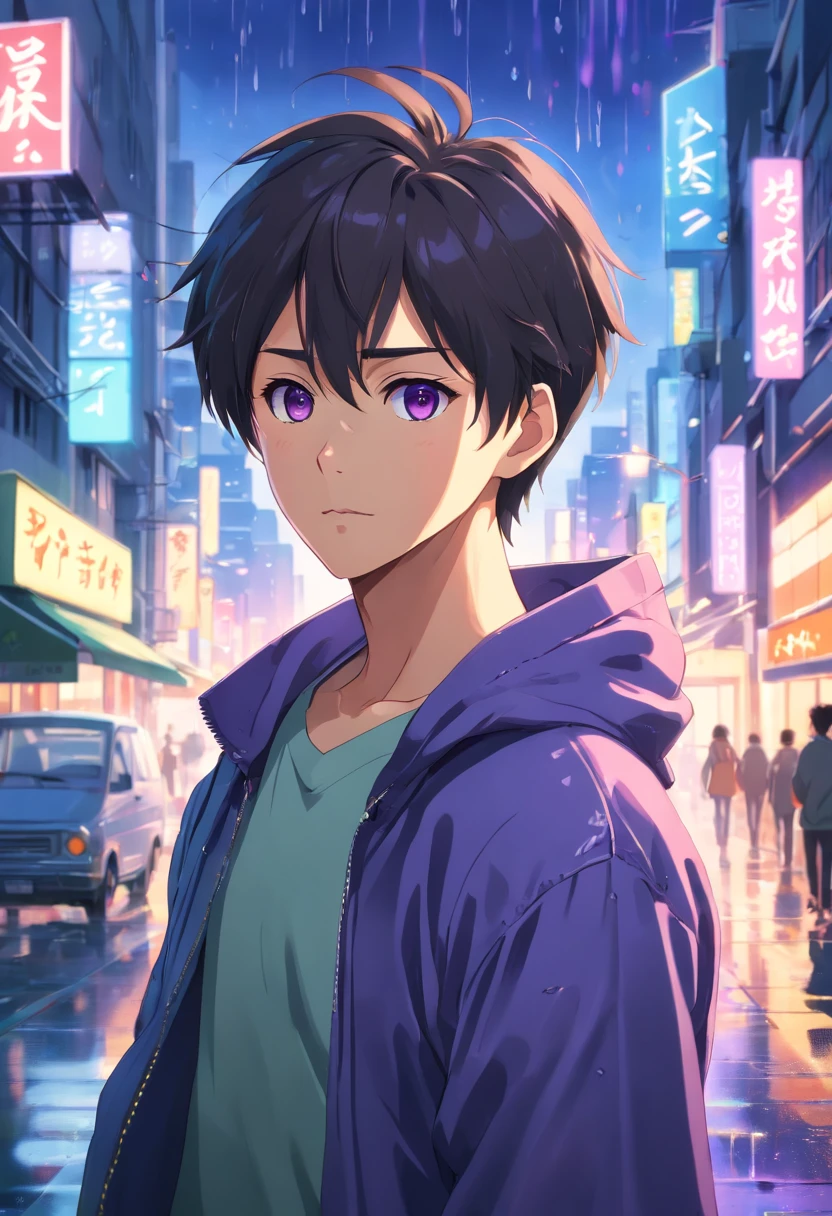 (best quality,highres,ultra-detailed,realistic:1.37), HDR, close up, adult, african american male, purple eyes, short straight silver hair, blue sweatshirt, black jeans, moody lighting, raindrops, wet streets, urban setting, city lights, reflections, intense atmosphere, confident stance, dynamic pose, energy, determined expression, glowing neon signs, cinematic feel, surreal elements, mysterious vibes