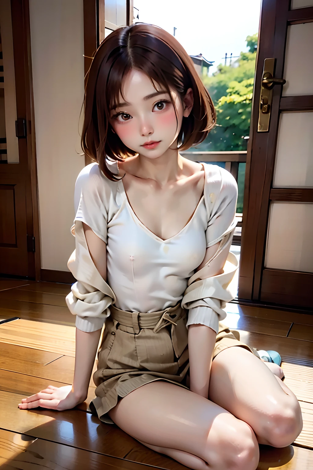 top-quality、masutepiece、独奏、Women with small breasts、Natural look、brown haired、white shirt、