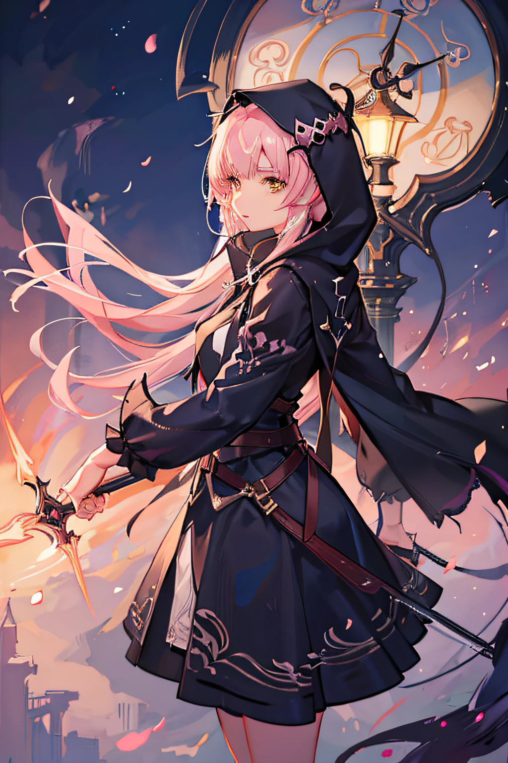 With a girl in a cute hood wrapped in thick fog、Female Grim Reaper Protecting a Girl from Behind,Wielding a scythe,Emerge from the swirling shadows.Stand in the Cemetery of Forgotten Souls.(Light brown and light pink striped hair:1.3,),Perfect face,Proper body proportion,masutepiece,Super high-quality output images,超A high resolution,Intricate details,Very delicate and beautiful hair,photographrealistic,Dreamy,Professional Lighting,realistic shadow,Solo Focus,Beautiful hands,Beautiful fingers,Detailed finger features,detailed clothes features,Detailed hair features,detailed facial features,(Ghibli style:1.3)