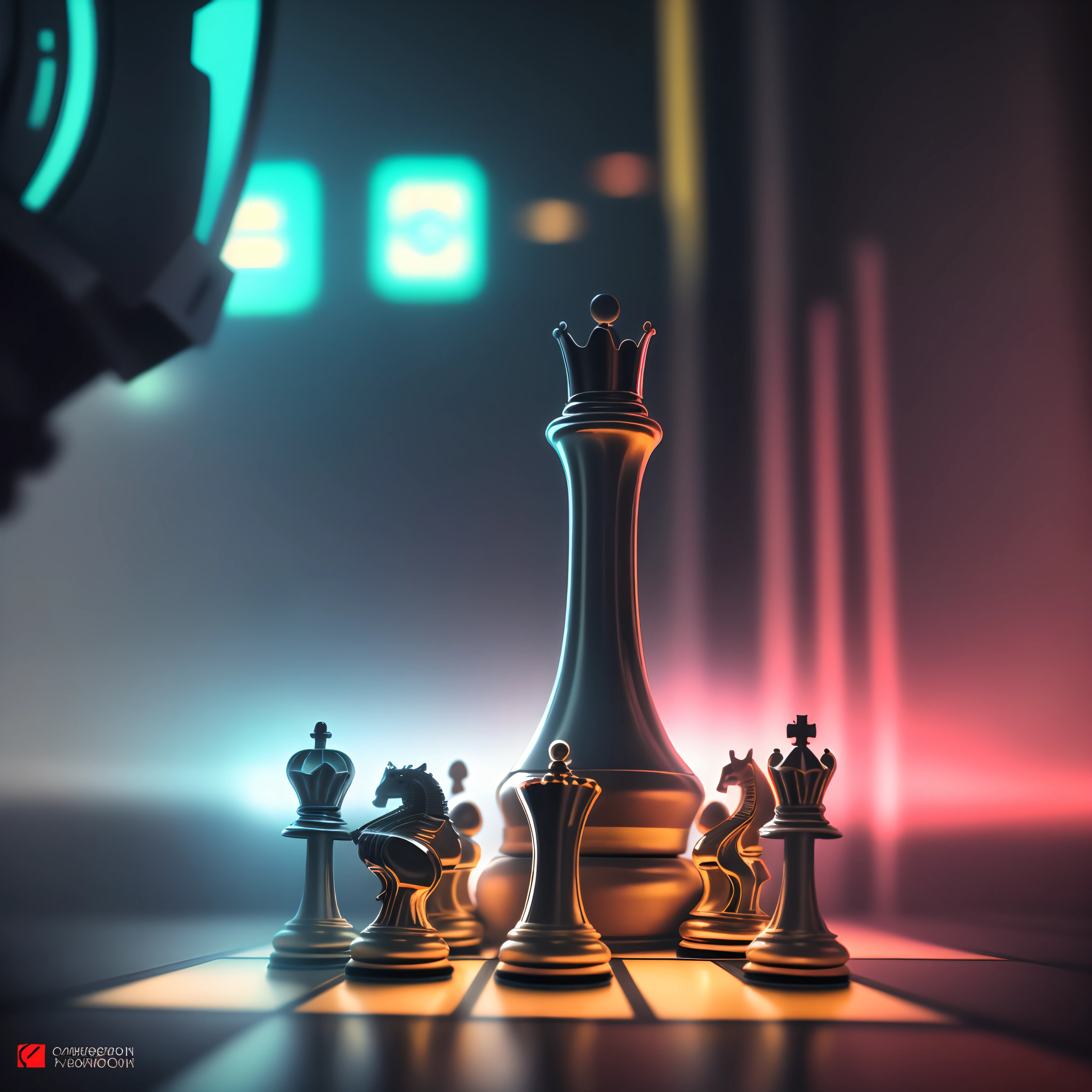 Chess pieces cyberpunk, neon, 8k, soft light, cinematic vision, Canon Camera