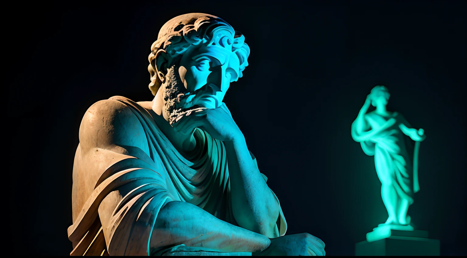 Create an inspiring 8K image depicting a 3rd century Greek philosopher.C., immortalized as a statue. Ambiente a cena em um ambiente sombrio e misterioso, with the figure of the philosopher blurred, but enigmatically illuminated by epic lights and shadows. The resulting image should exude the aura of deep contemplation and wisdom, olhando para frente,
