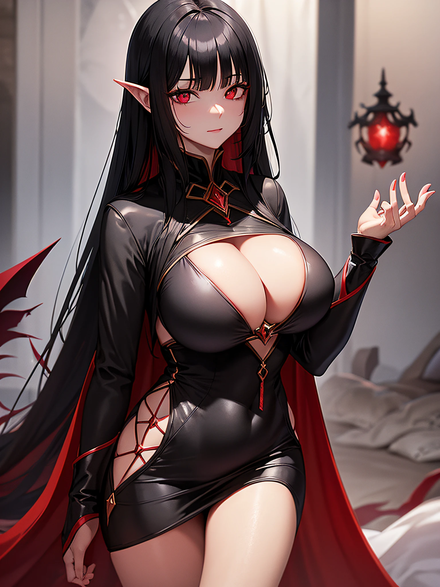 black sorceress woman in short clothes with large, exposed breasts, long black hair and red eyes, with a silk cape on her back, manipulating black magic in one of her hands, dark apocalyptic scene background