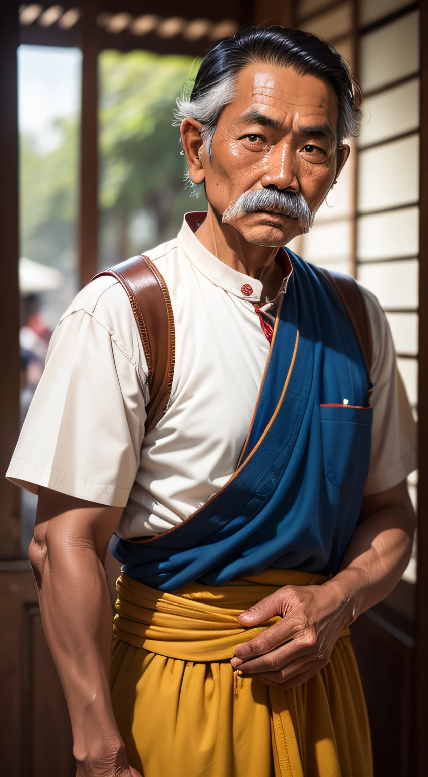 indonesian man, color, ultra detail, ultra realistic, 35mm lens, f/3.5, best photography, year 1950, have thin moustache, in indonesia