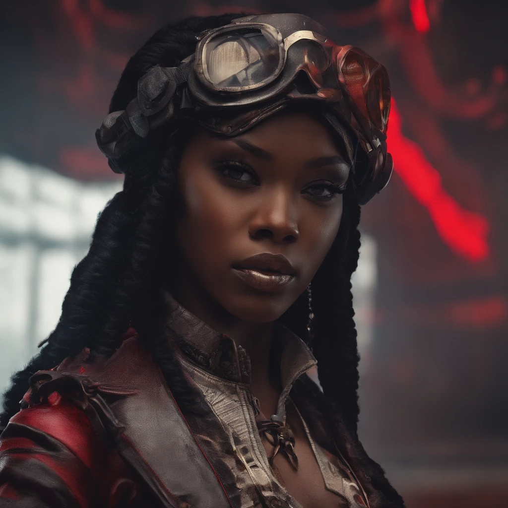 a Darkskin woman with black hair and scarlet red highlights , she is wearing dieselpunk clothes, modelshoot style, (extremely detailed CG 8k wallpaper unit), photo of the most beautiful art in the world, majestic professional (photography by Steve McCurry), 8k uhd, dslr, soft lighting, high quality, film grain, Fujifilm XT3 sharp focus, f 5.6, high detail, sharp focus, dramatic, (wearing diselpunk clothing), (looking at the viewer:1.2), (natural light), (seductive)
