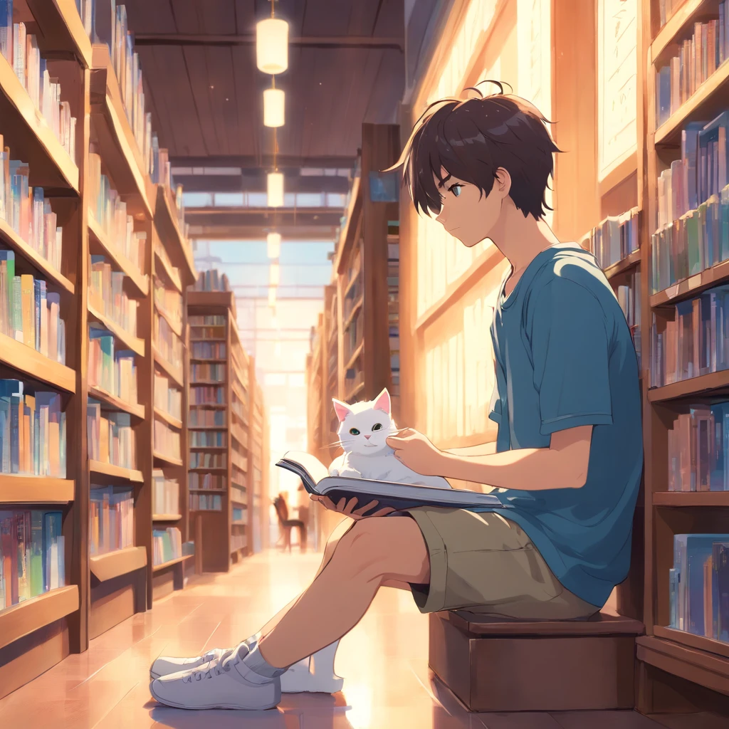 Boy sitting in bookstore reading quietly，Opposite sat a white cat