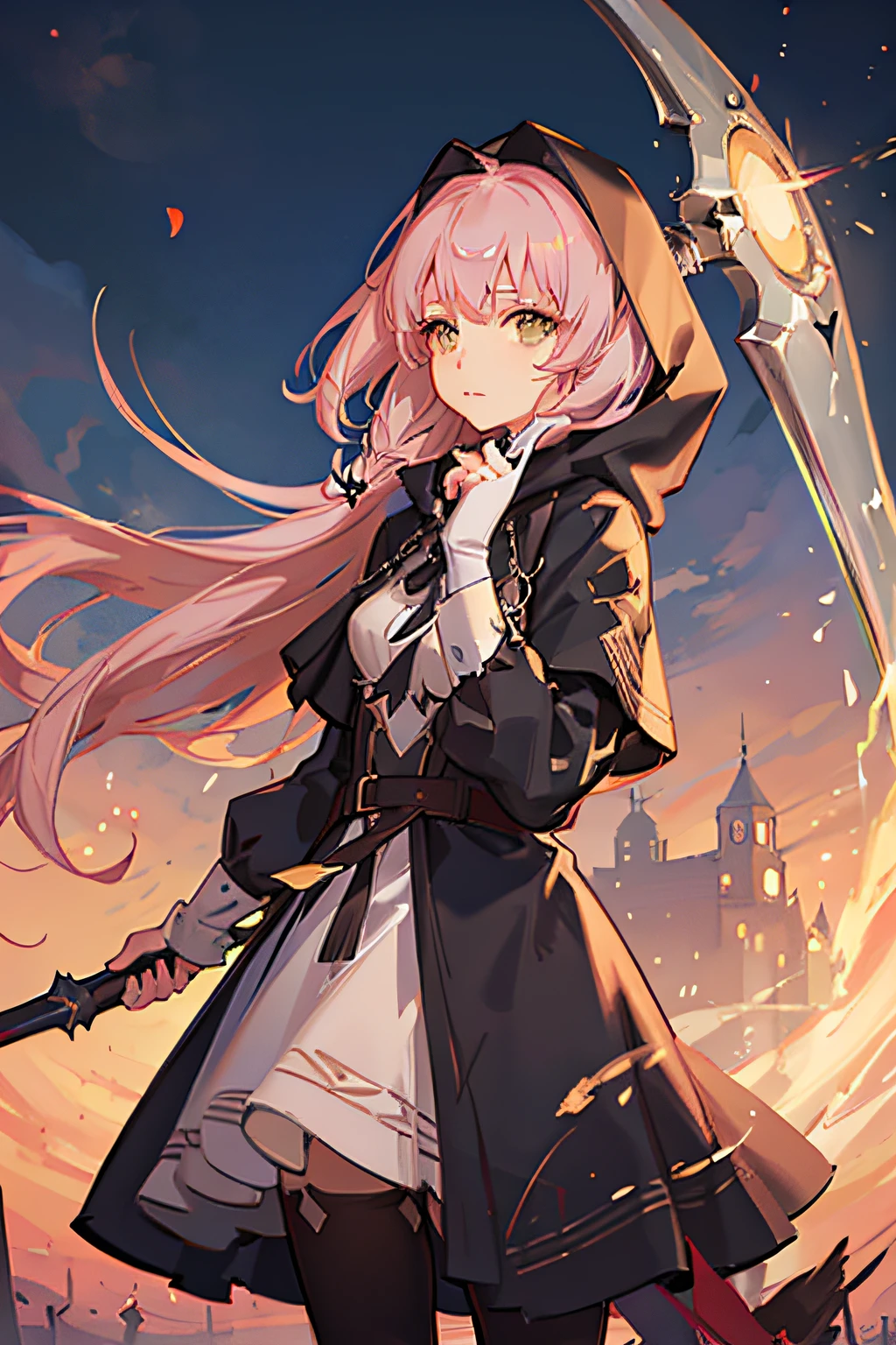 With a girl in a cute hood wrapped in thick fog、Female Grim Reaper Protecting a Girl from Behind,Wielding a scythe,Emerge from the swirling shadows.Stand in the Cemetery of Forgotten Souls.(Light brown and light pink striped hair:1.3,),Perfect face,Proper body proportion,masutepiece,Super high-quality output images,超A high resolution,Intricate details,Very delicate and beautiful hair,photographrealistic,Dreamy,Professional Lighting,realistic shadow,Solo Focus,Beautiful hands,Beautiful fingers,Detailed finger features,detailed clothes features,Detailed hair features,detailed facial features,(Ghibli style:1.3)