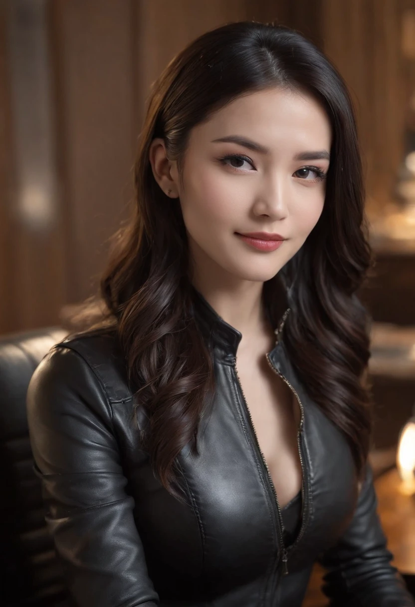 Wearing black leather gloves in both hands Upper body Black leather riders jacket Black leather skinny pants Black leather long boots Necklace on the chest Smiling at the desk in the modern study in the dark, no bra, long straight black hair Young Japanese woman (black leather gloves cover both hands) With the fingers of black leather gloves, sitting on a leather chair, working on the computer, staring at the screen, exposed nipples
