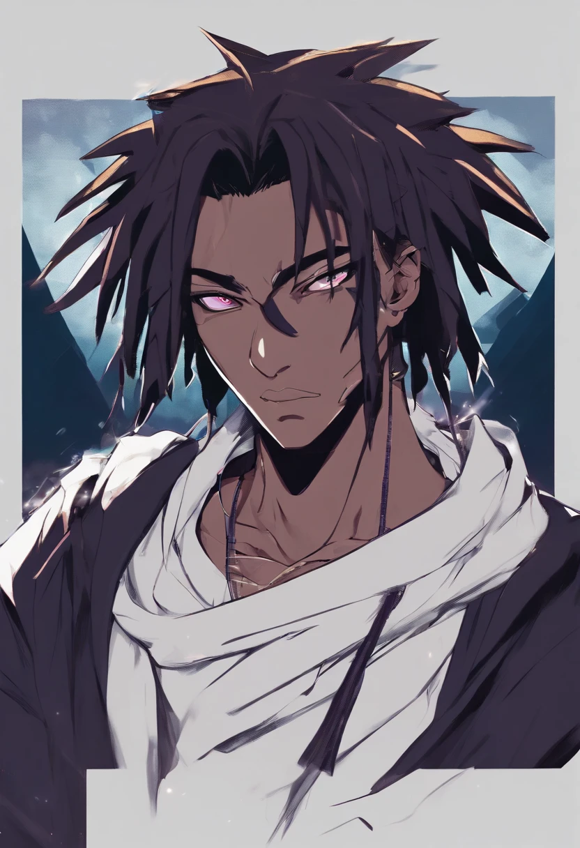 (masterpiece, top quality, best quality,official art, beautiful and aesthetic:1.2),anime drawing of an dark skin person with a black dreadlocks and a white shirt, wearing black hoodie with an yin Yang logo on it, halfbody headshot, cel - shaded art style, inspired by Okumura Masanobu, halfbody portrait, tyler jacobson style, anime character, cel shaded:15, young anime man, androgynous appearance, shaggy dreadlocks, blue eyes with purple irises, hetrochromia, nighttime background