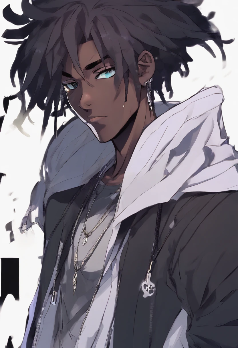 (masterpiece, top quality, best quality,official art, beautiful and aesthetic:1.2),anime drawing of an dark skin person with a black dreadlocks and a white shirt, wearing black hoodie with an yin Yang logo on it, halfbody headshot, cel - shaded art style, inspired by Okumura Masanobu, halfbody portrait, tyler jacobson style, anime character, cel shaded:, young anime man, androgynous appearance, shaggy dreadlocks, blue eyes with purple irises, hetrochromia, nighttime background