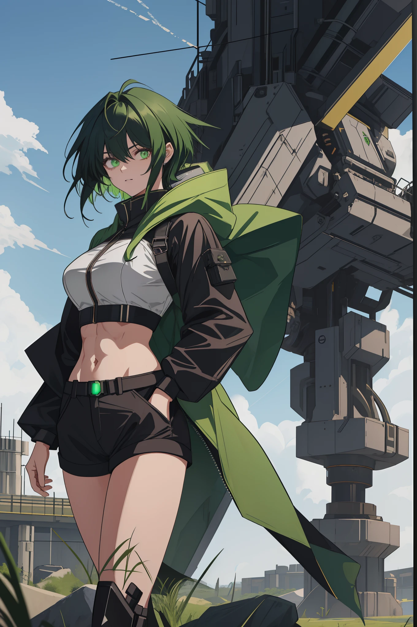 leges,mechanical leg,Black mechanical legs,Plump legs,Green gem setting,Anime girl standing gracefully on the ground,Black cape and green hair, rogue anime girl, Anime girl standing, Wearing a cloak on the blasted plain, asuka suit under clothes!, holy cyborg necromancer girl, badass posture, mechanic punk outfit, anime styled 3d, render of a cute 3d anime girl, gapmoe yandere grimdark, Female character,musculature,Abs,Glowing green eyes,Black hair with green gradient,short detailed hair,Bunched hair,Dull hair,(Muscle 2.0),Tomboyish,Be red in the face,looking at viewert,Elaborate Eyes,Black mechanical legs,huge tit,1.5,Green Greatsword,Left hand in pocket,ssmile,robotic hand,blacksilk
