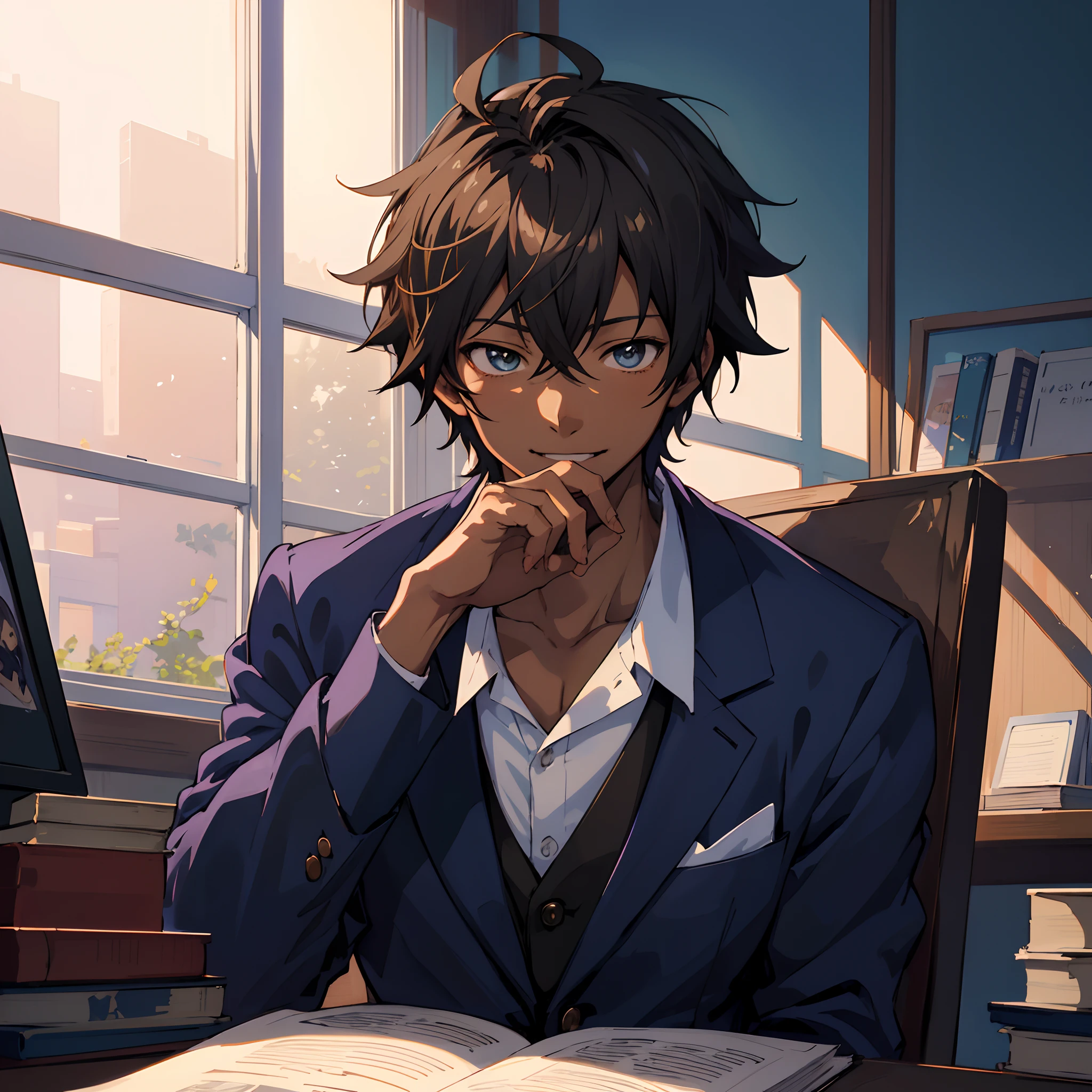 anime boy sitting at a desk with a book in front of him, anime handsome man, young anime man, anime portrait of a handsome man, realistic anime artstyle, handsome anime pose, makoto shinkai. digital render, inspired by Okumura Masanobu, anime. soft lighting, painted in anime painter studio, anime style portrait, anime moe artstyle, (smile), dark skin
