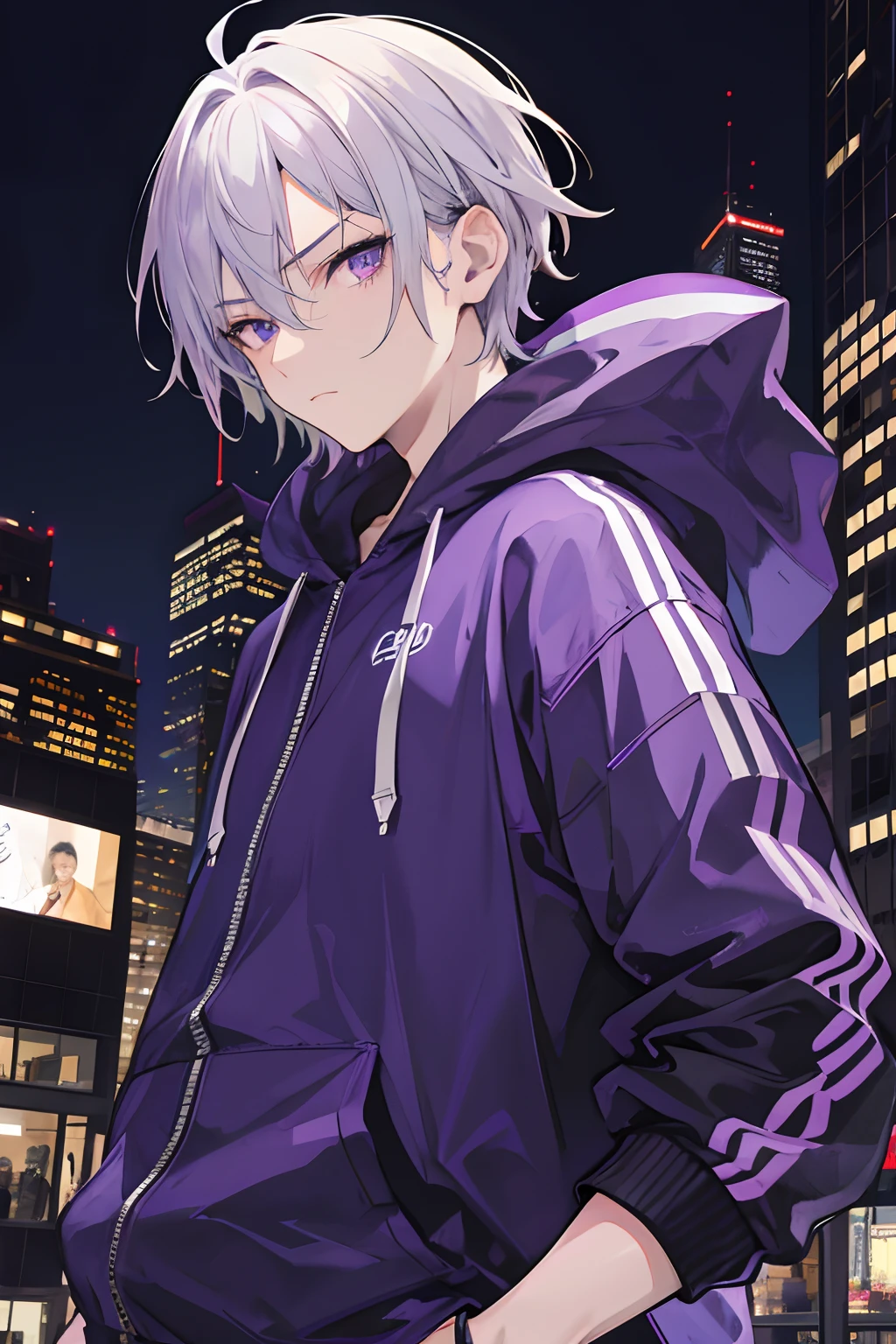 A man, gray hair and purple eyes, hairstylist, hoodie, city, night, badass, cool, potrait