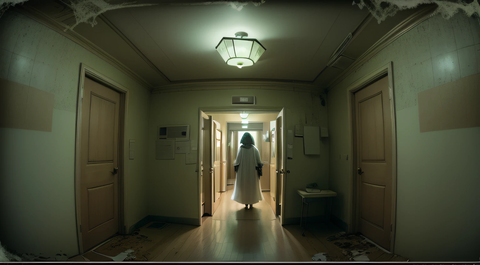 «» Creepy realistic images of elderly people taken by low-resolution nursing home security cameras in dimly lit corridors. The setting is set in an old and eerie nursing home, There are flashing lights and peeling paint on the walls. The phantom appears as a translucent figure，Exudes a faint glow, Eerily hovering above the floor. Its disturbing presence gives a sense of unease and mystery. Lighting should be low, The graininess of the camera adds to the suspenseful atmosphere. The shot should be a close-up, Capture haunting details of ghosts and creepy environments. Camera lens: Fisheye distortion and disturbing perspective. Resolution: Low resolution enhances the sense of the unknown.»»