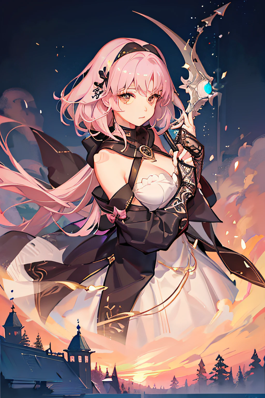 With a girl in a cute hood wrapped in thick fog、Female Grim Reaper Protecting a Girl from Behind,Wielding a scythe,Emerge from the swirling shadows.Stand in the Cemetery of Forgotten Souls.(Light brown and light pink striped hair:1.3,),Perfect face,Proper body proportion,masutepiece,Super high-quality output images,超A high resolution,Intricate details,Very delicate and beautiful hair,photographrealistic,Dreamy,Professional Lighting,realistic shadow,Solo Focus,Beautiful hands,Beautiful fingers,Detailed finger features,detailed clothes features,Detailed hair features,detailed facial features,(Ghibli style:1.3)