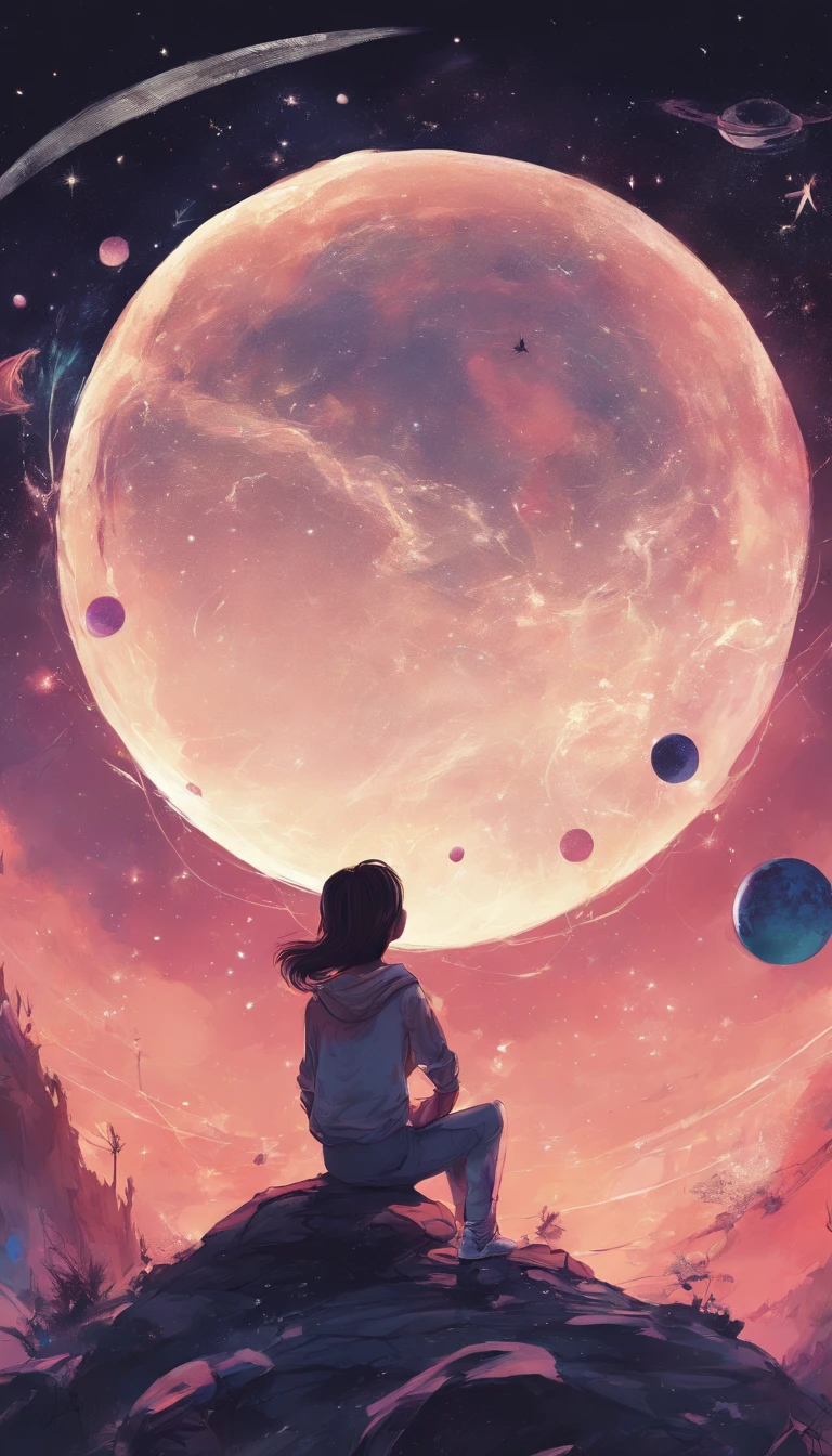 The girl diligently draws on paper, sticking out the tip of his tongue, sitting on a small planet in space, Stars and little fairies fly around