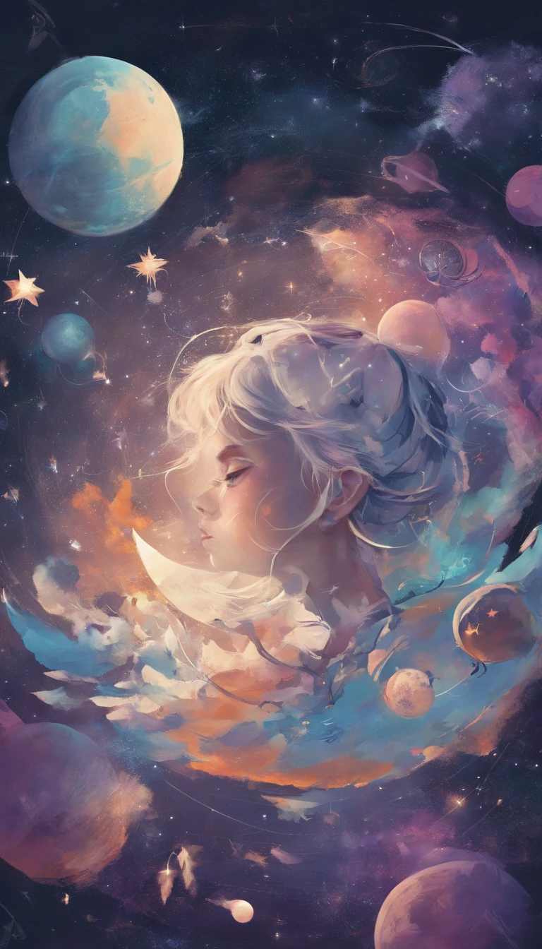 The girl diligently draws on paper, sticking out the tip of his tongue, sitting on a small planet in space, Stars and little fairies fly around