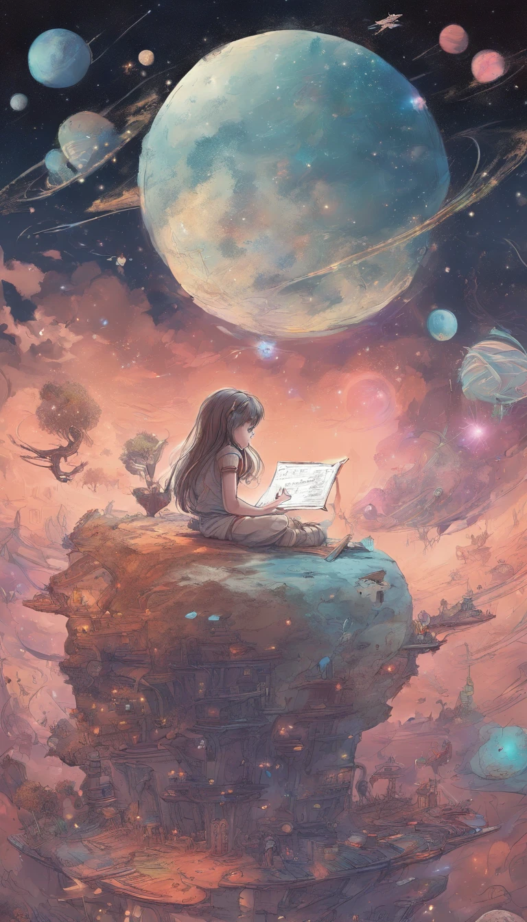 The girl diligently draws on paper, sticking out the tip of his tongue, sitting on a small planet in space, Stars and little fairies fly around