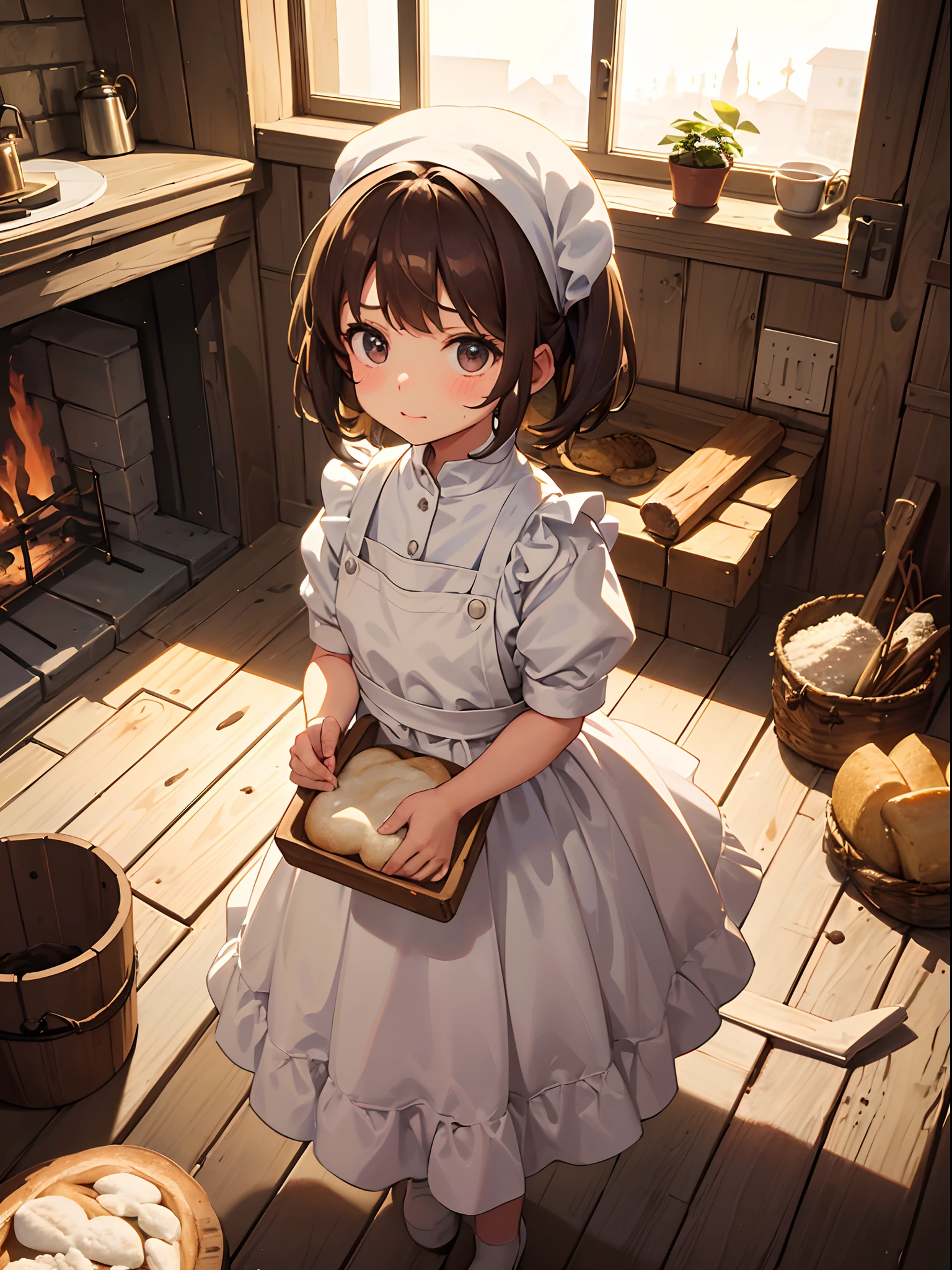 a little girl make bread in kitchen with exited expression, (wheat bread:1.1), wearing apron, head wear, (flour in her face:1.2), brown hair, medium bob hair, short sleves, (bacground: medieval kitchen, clay stove, fire, firewood), (masterpiece:1.4), highly detailed, (vibrant:1.2), best quality