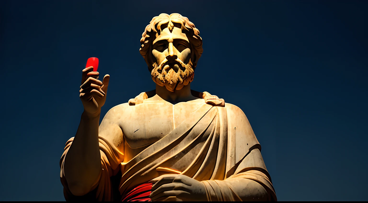 Create an inspiring 8K image depicting a 3rd century Greek philosopher.C., immortalized as a statue. Ambiente a cena em um ambiente sombrio e misterioso, with the figure of the philosopher blurred, but enigmatically illuminated by epic lights and shadows. The resulting image should exude the aura of deep contemplation and wisdom, olhando para frente, offering a blue pill in the left hand and the red one in the right hand.