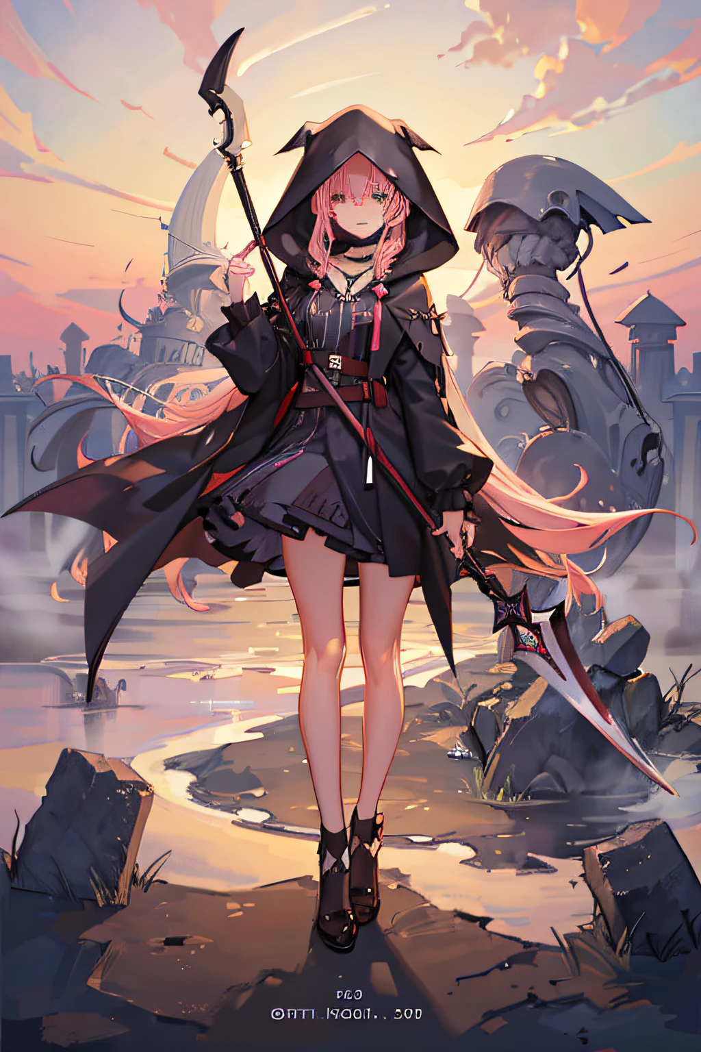 With a girl in a cute hood wrapped in thick fog、(Female Grim Reaper Protecting a Girl from Behind:1.3),Wielding a scythe,Emerge from the swirling shadows.Stand in the Cemetery of Forgotten Souls.(Light brown and light pink striped hair:1.3,),Perfect face,Proper body proportion,masutepiece,Super high-quality output images,超A high resolution,Intricate details,Very delicate and beautiful hair,photographrealistic,Dreamy,Professional Lighting,realistic shadow,Solo Focus,Beautiful hands,Beautiful fingers,Detailed finger features,detailed clothes features,Detailed hair features,detailed facial features,(Ghibli style:1.3)