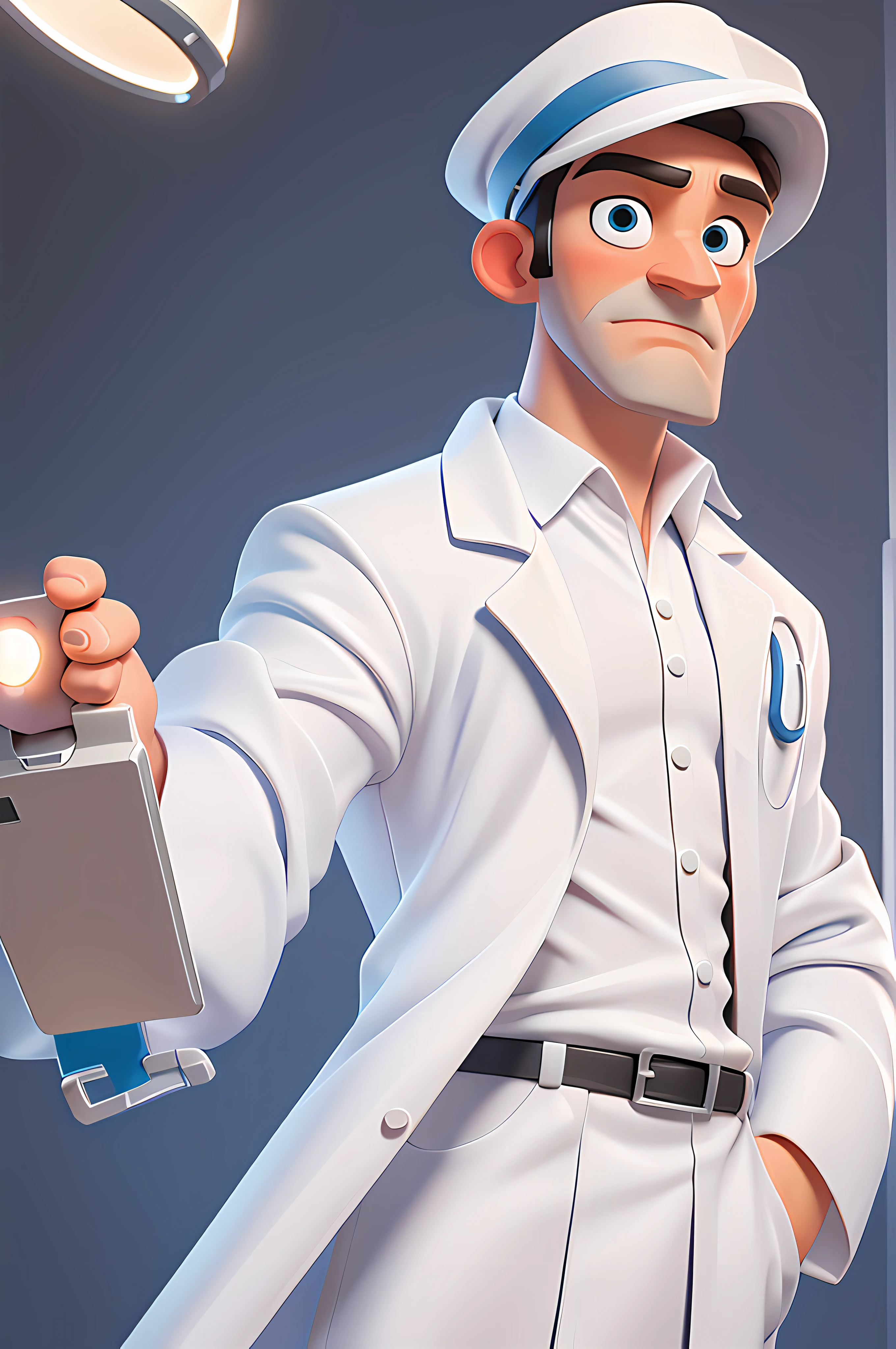 Por favor, Create a cartoon image of a doctor wearing a white lab coat, with a white or transparent background that highlights the doctor. The doctor should be holding a clipboard in a professional manner and have a friendly and reliable expression.