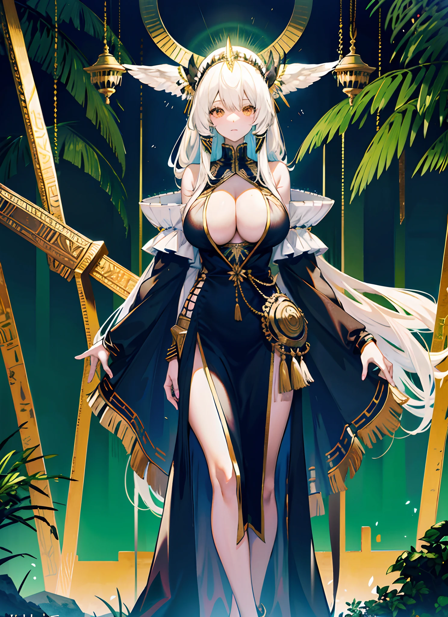 (long white hair),the rainforest,a throne,A desert,Egyptian culture,Pharaoh,Cleopatra,a mature female,Black skin,Brown skin,(Dress revealingly),(huge tit),((cleavage)),(((tit))),((unarmed))