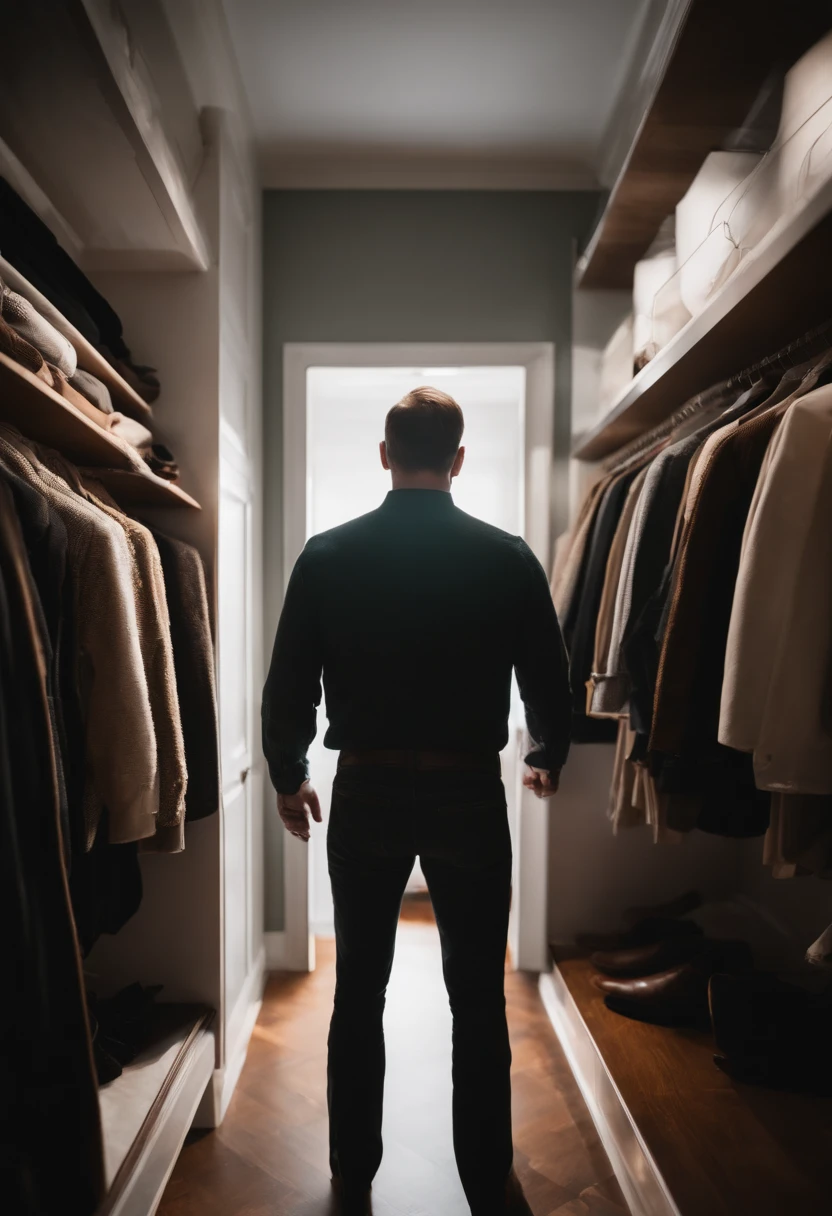 Rear view of a man dressing in a closet