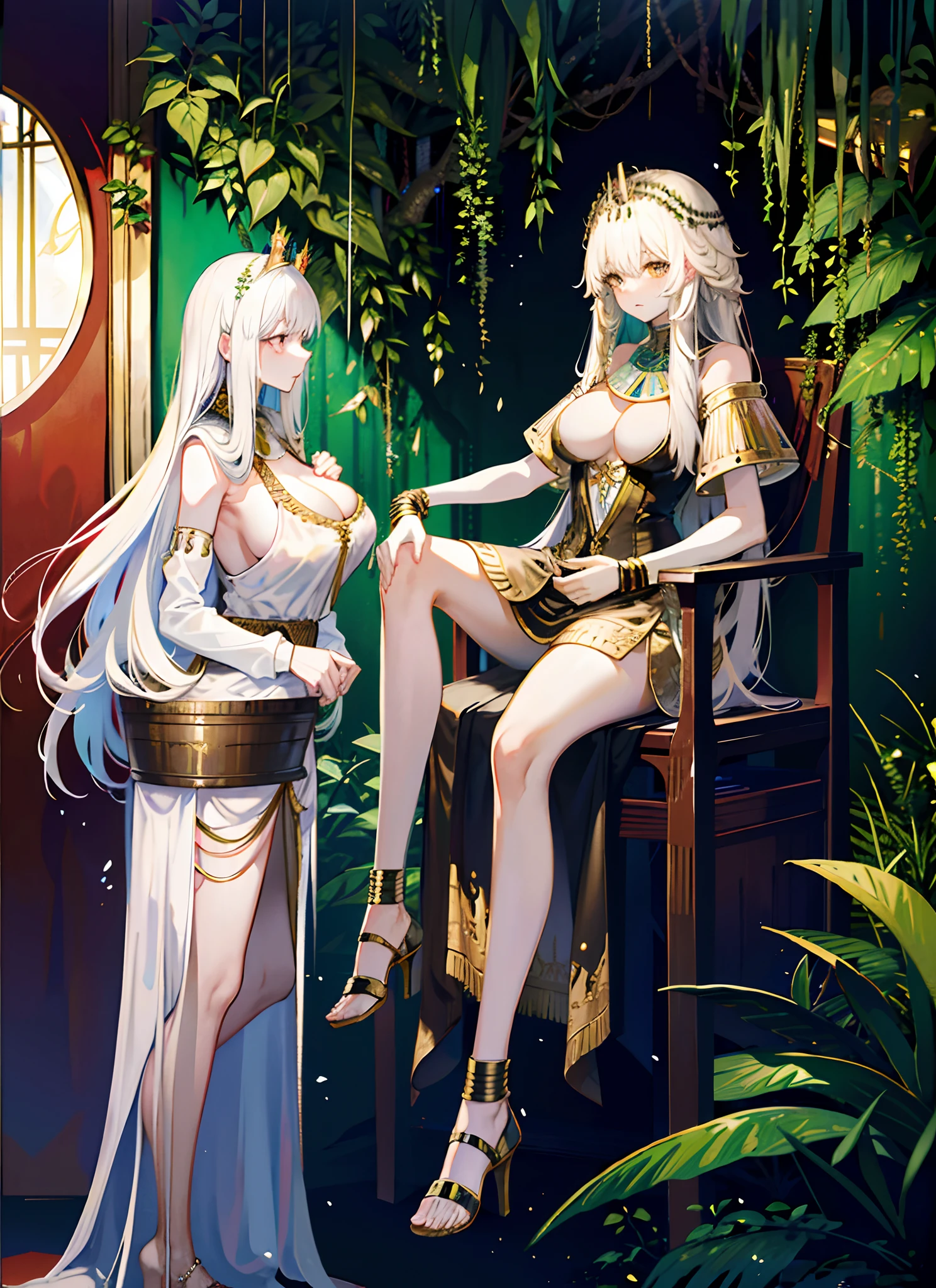 (long  white hair)，the rainforest，a throne，A desert，Egyptian culture，Pharaoh，Cleopatra，a mature female，Black skin，Brown skin，(Dress revealingly)，(huge tit)，((cleavage))，(((tit)))，((unarmed))