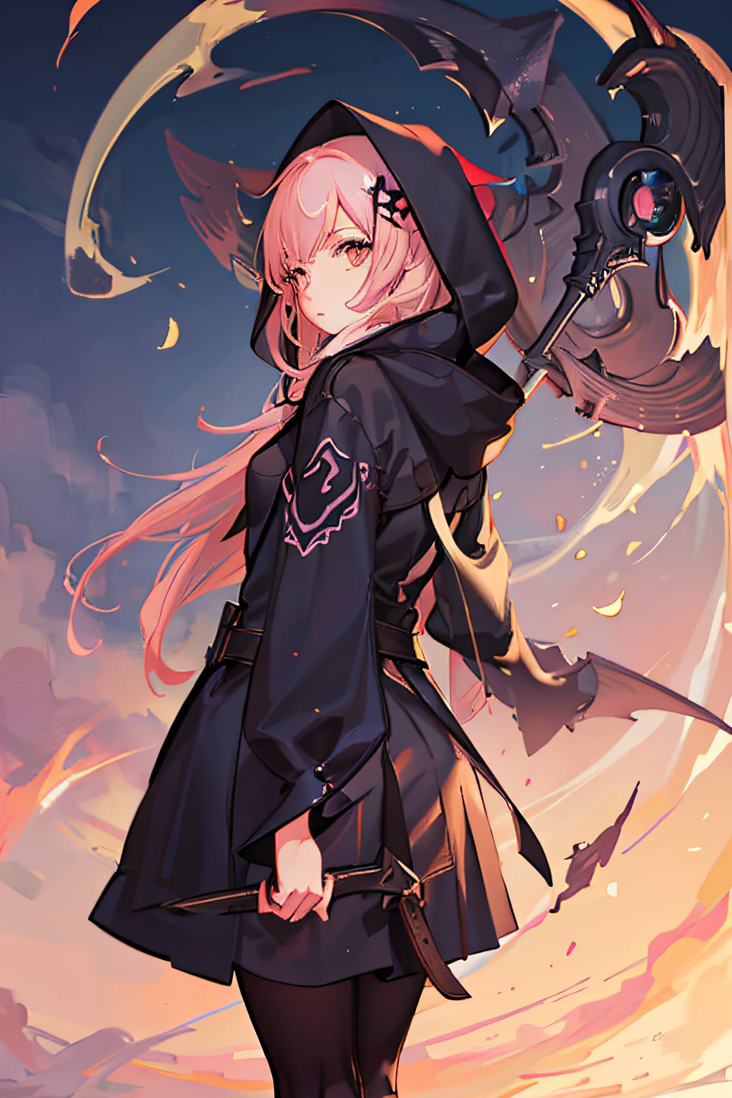 With a girl in a cute hood wrapped in thick fog、(Female Grim Reaper Protecting a Girl from Behind:1.3),Wielding a scythe,Emerge from the swirling shadows.Stand in the Cemetery of Forgotten Souls.(Light brown and light pink striped hair:1.3,),Perfect face,Proper body proportion,masutepiece,Super high-quality output images,超A high resolution,Intricate details,Very delicate and beautiful hair,photographrealistic,Dreamy,Professional Lighting,realistic shadow,Solo Focus,Beautiful hands,Beautiful fingers,Detailed finger features,detailed clothes features,Detailed hair features,detailed facial features,(Ghibli style:1.3)