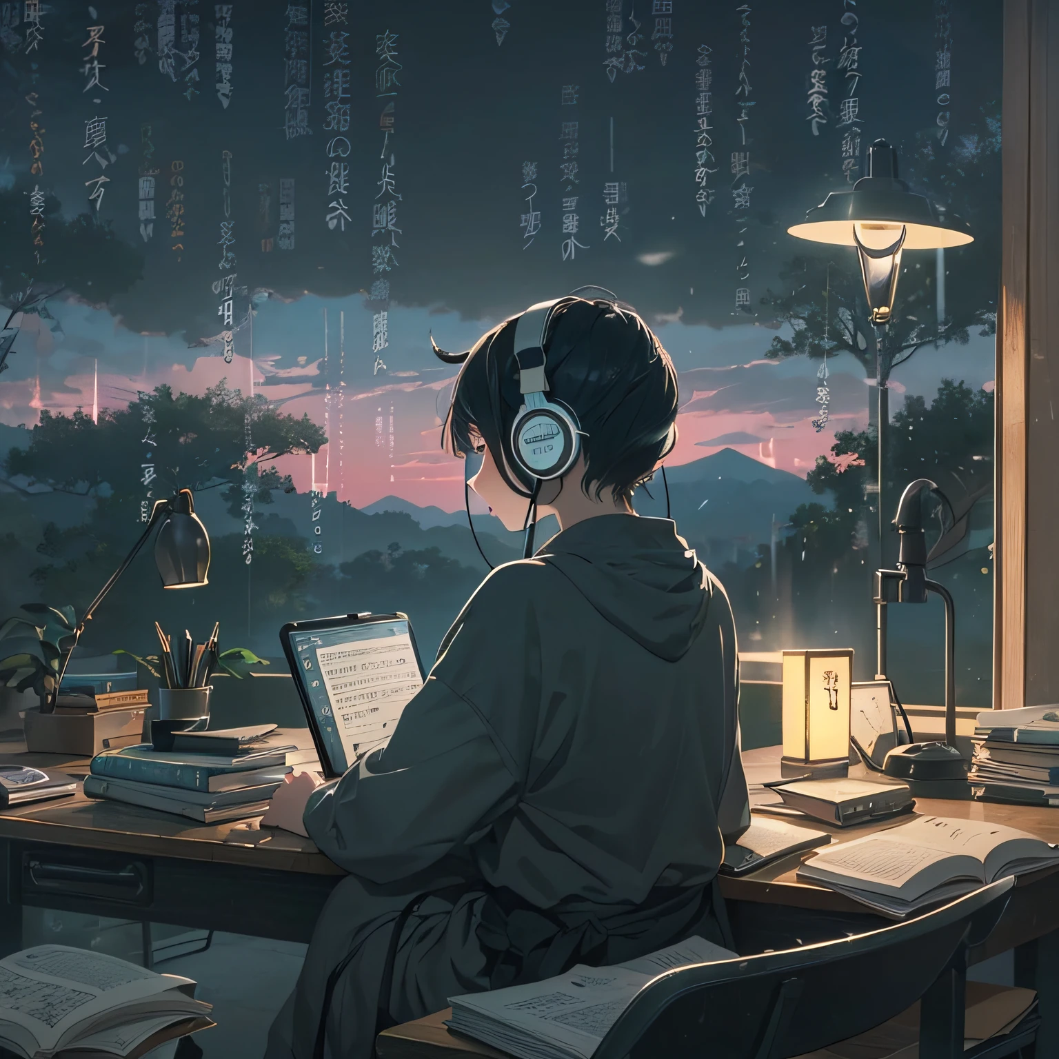 ((Lo-fi music for study: 1.3) +(japanese aesthetic: 1.1))E(study:0.9),Minimalist, environment, Subdued Color,peaceful, Relaxed, Heartfelt,tranquil,Slow pace,Improves concentration,encouragement, Night time, open book, Coffee Cup, Desk lamp, Light rain outside,pupils, Black headphones on the head,lecture, productive.